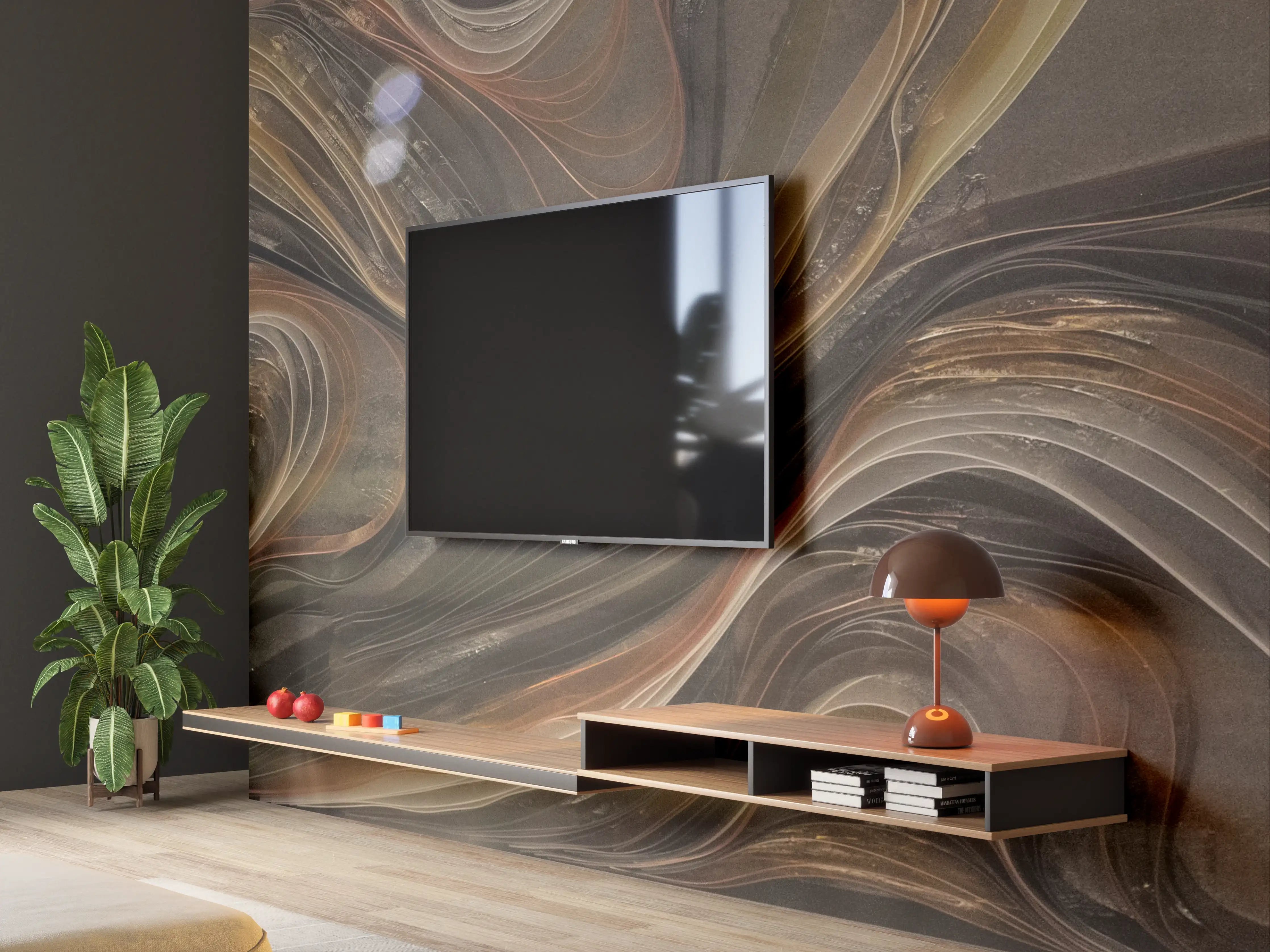 Wandverkleidung Wohnzimmer - Marmor-Optik in warmen Erdtönen