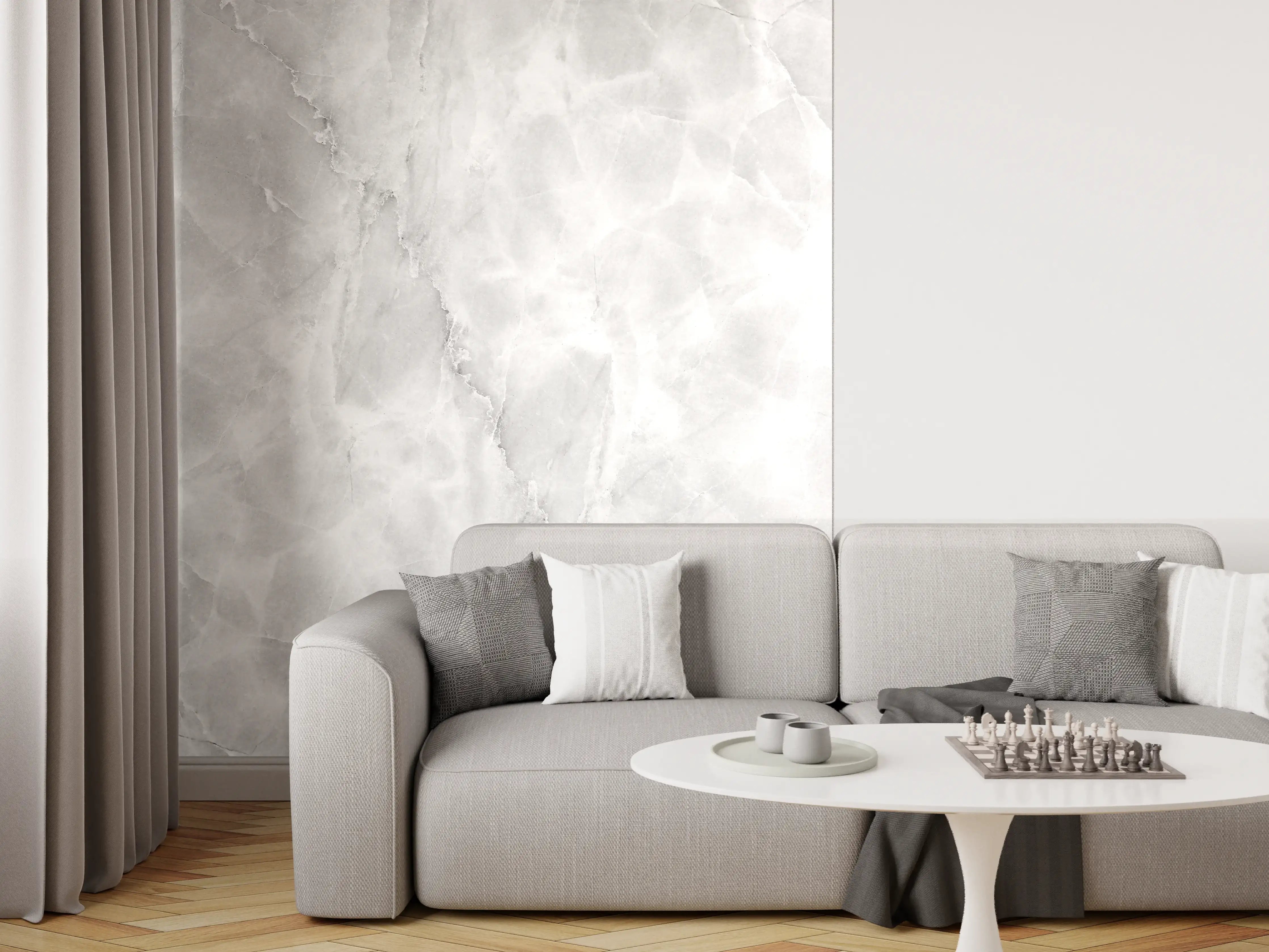Wandverkleidung Wohnzimmer - Marmoreffekt in hellem Grau