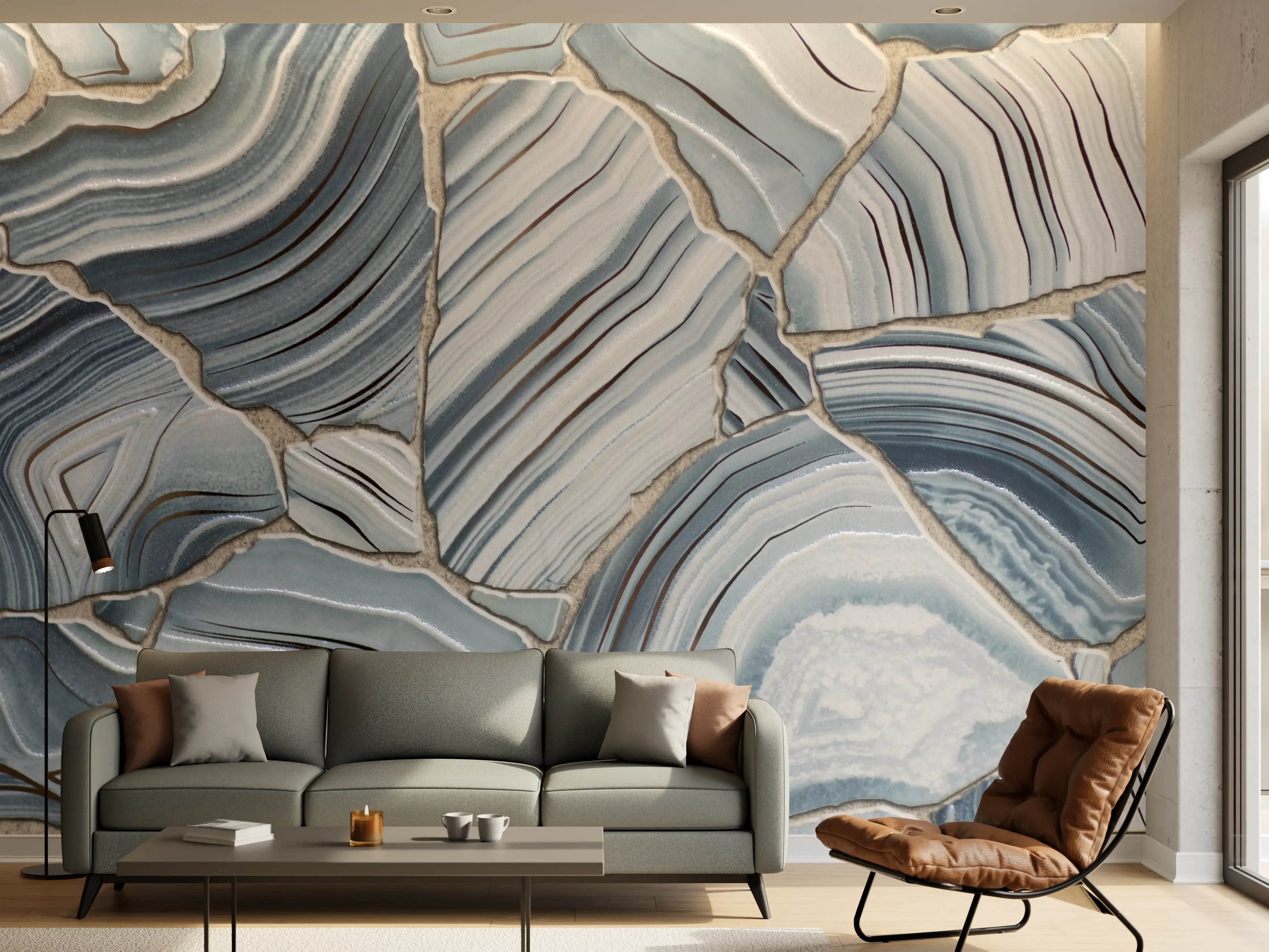 Wandverkleidung Wohnzimmer - Marmoroptik im eleganten Blau