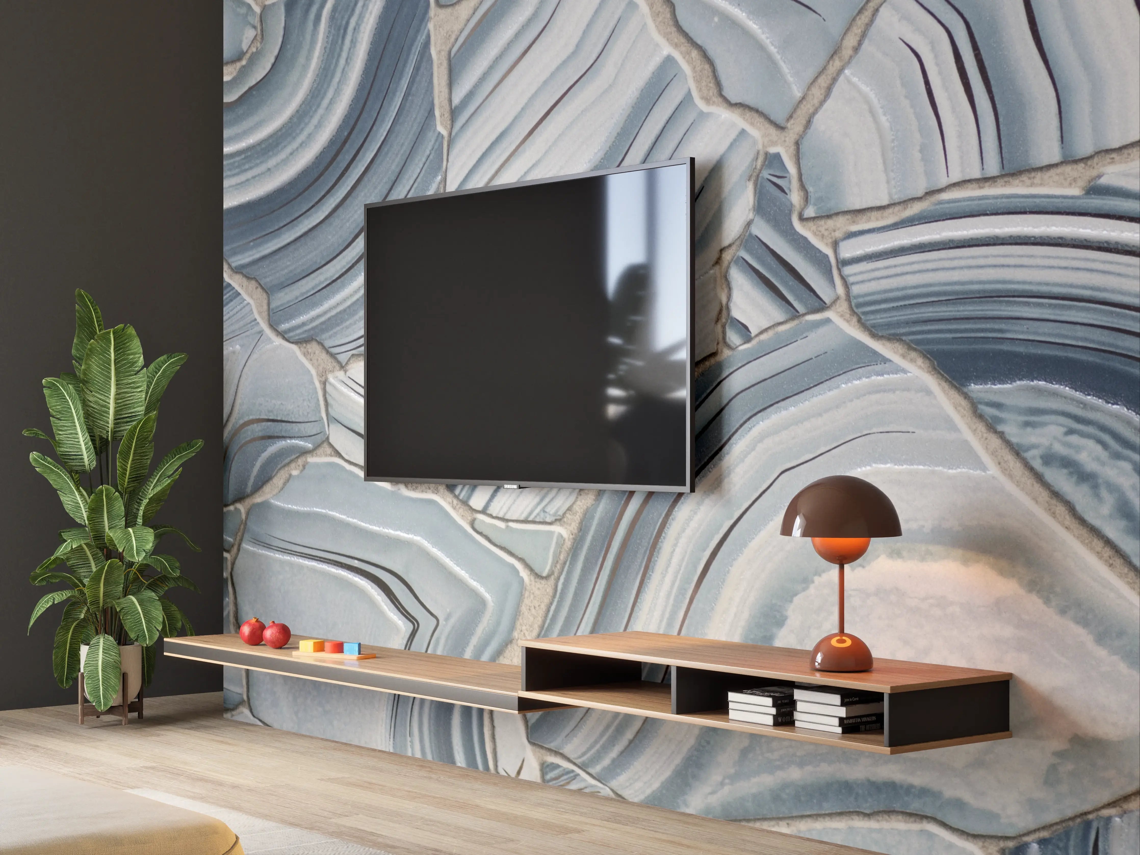 Wandverkleidung Wohnzimmer - Marmoroptik im eleganten Blau