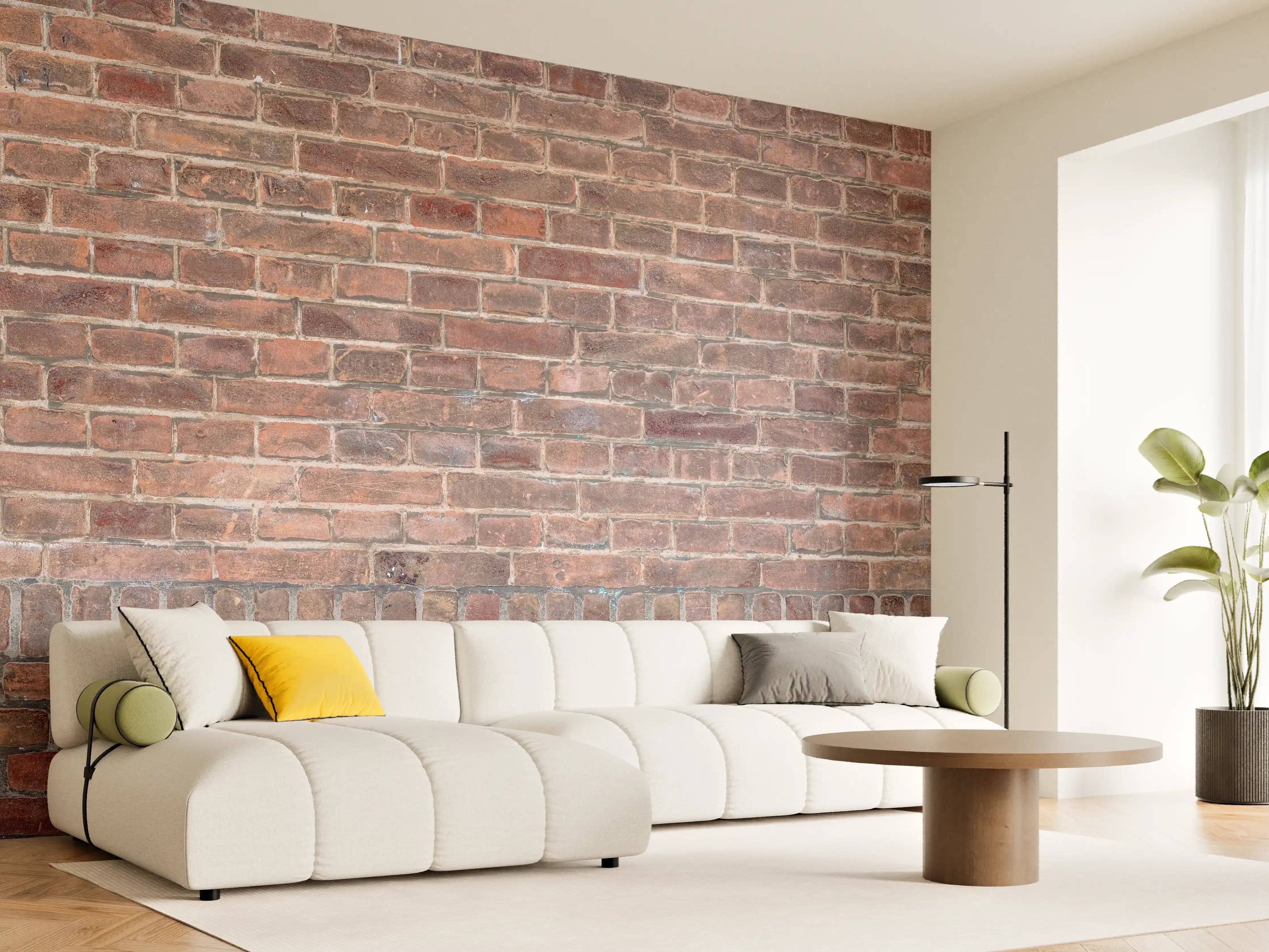Wandverkleidung Wohnzimmer - Mauerstruktur aus alten braunen Ziegeln