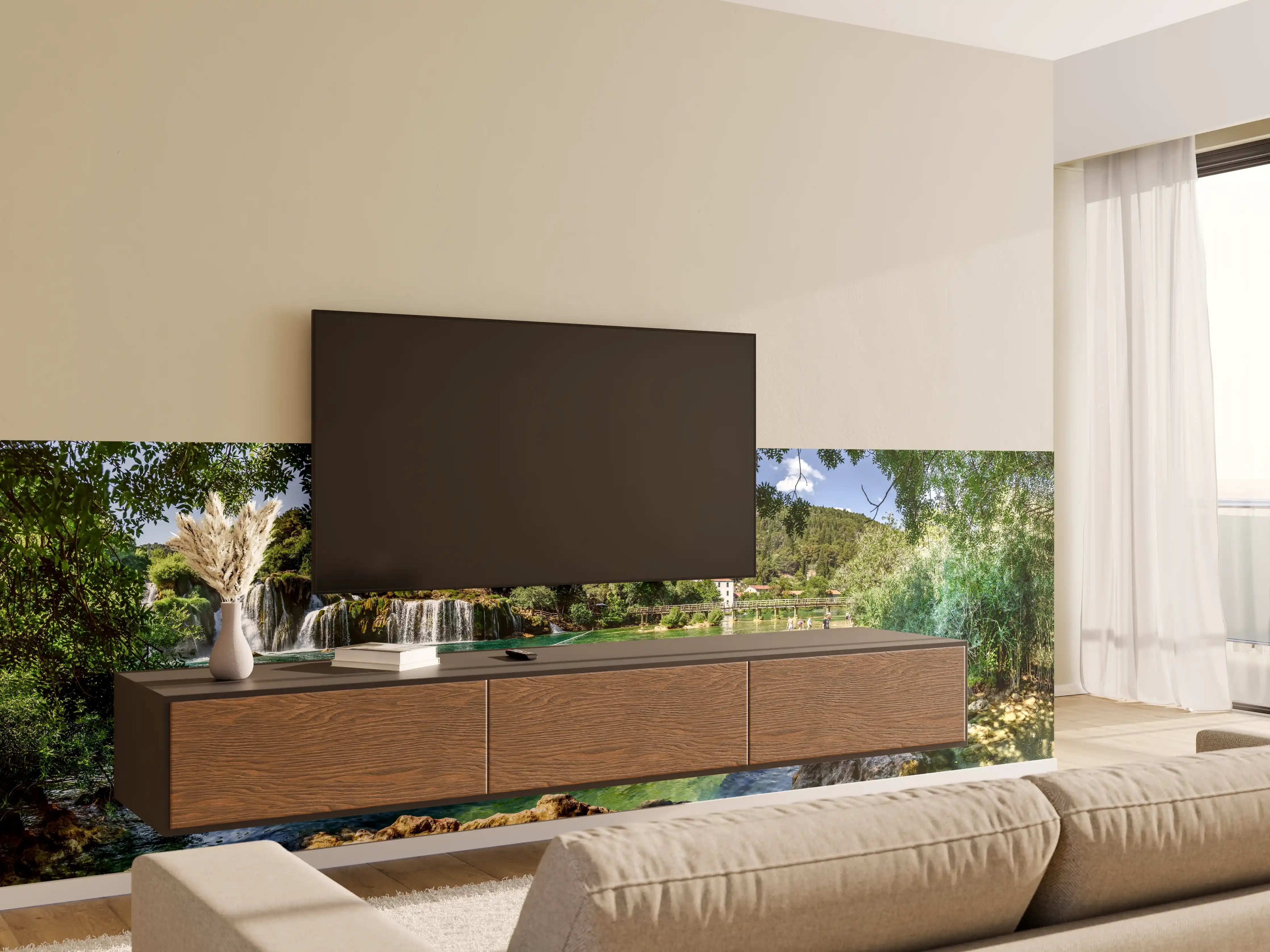 Wandverkleidung Wohnzimmer - Mediterraner Wasserfall