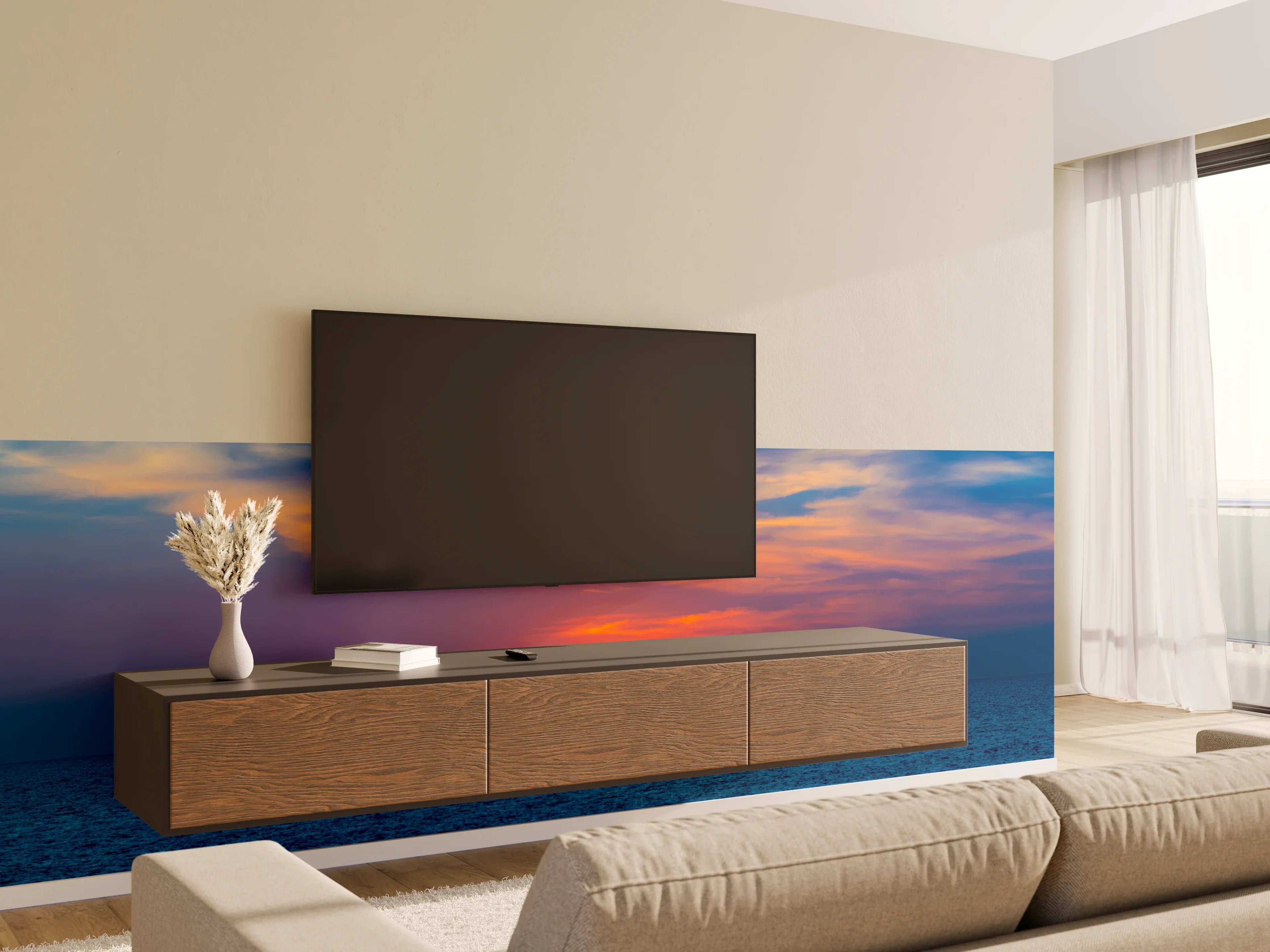 Wandverkleidung Wohnzimmer - Meer-Sonnenuntergang Blau-Orange