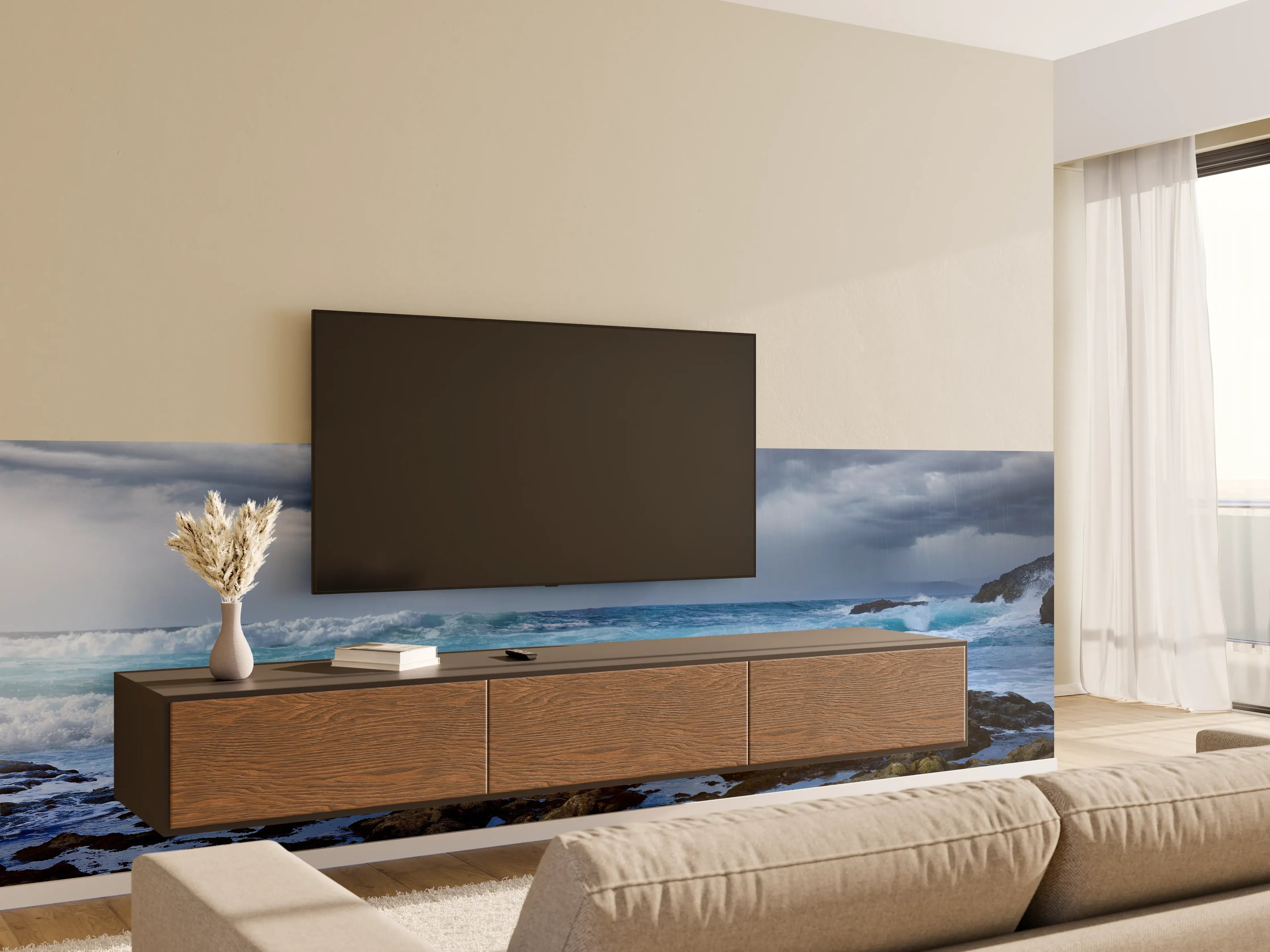 Wandverkleidung Wohnzimmer - Meeresküste mit dunklen Regenwolken und stürmischer See