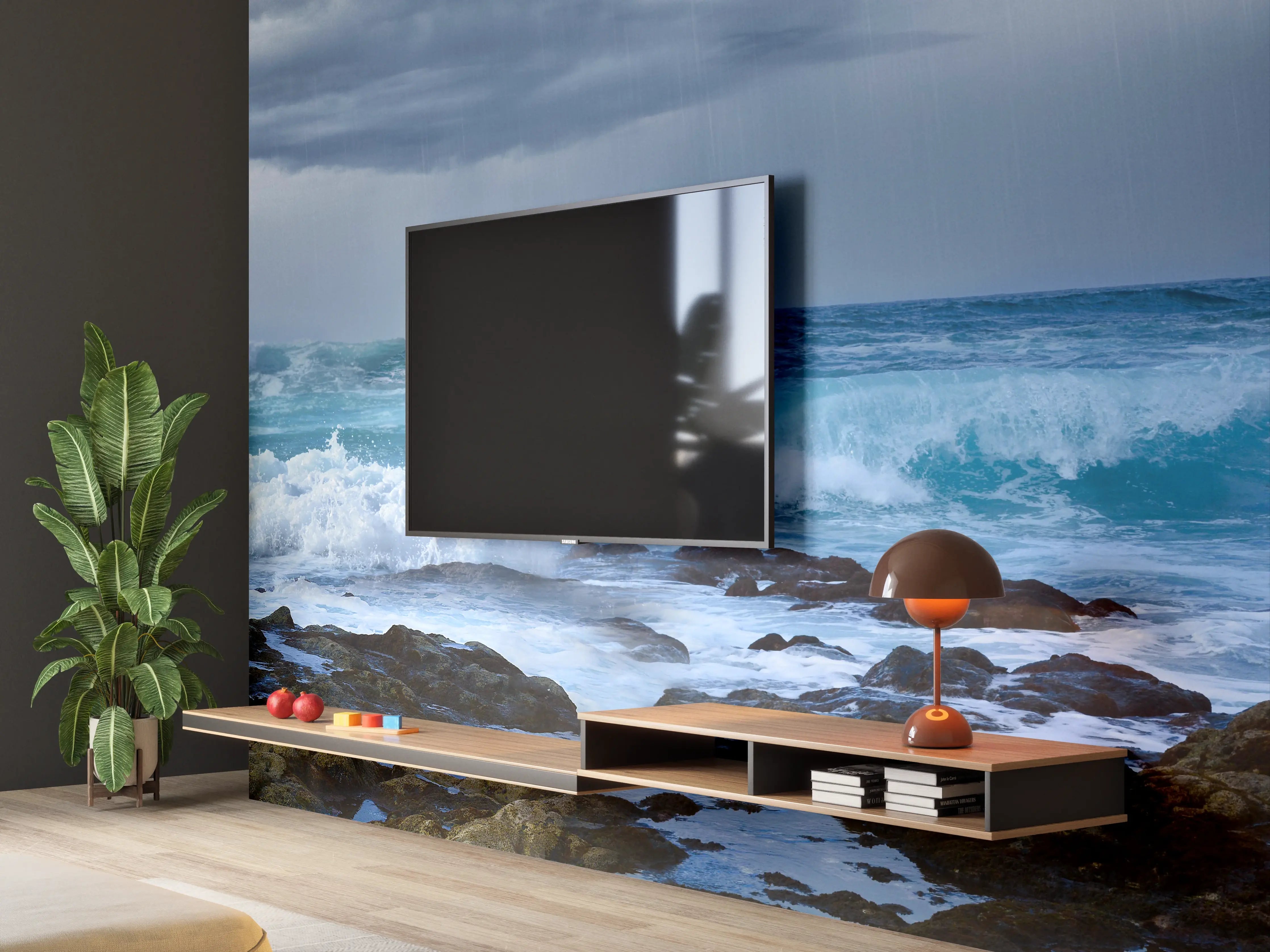 Wandverkleidung Wohnzimmer - Meeresküste mit dunklen Regenwolken und stürmischer See