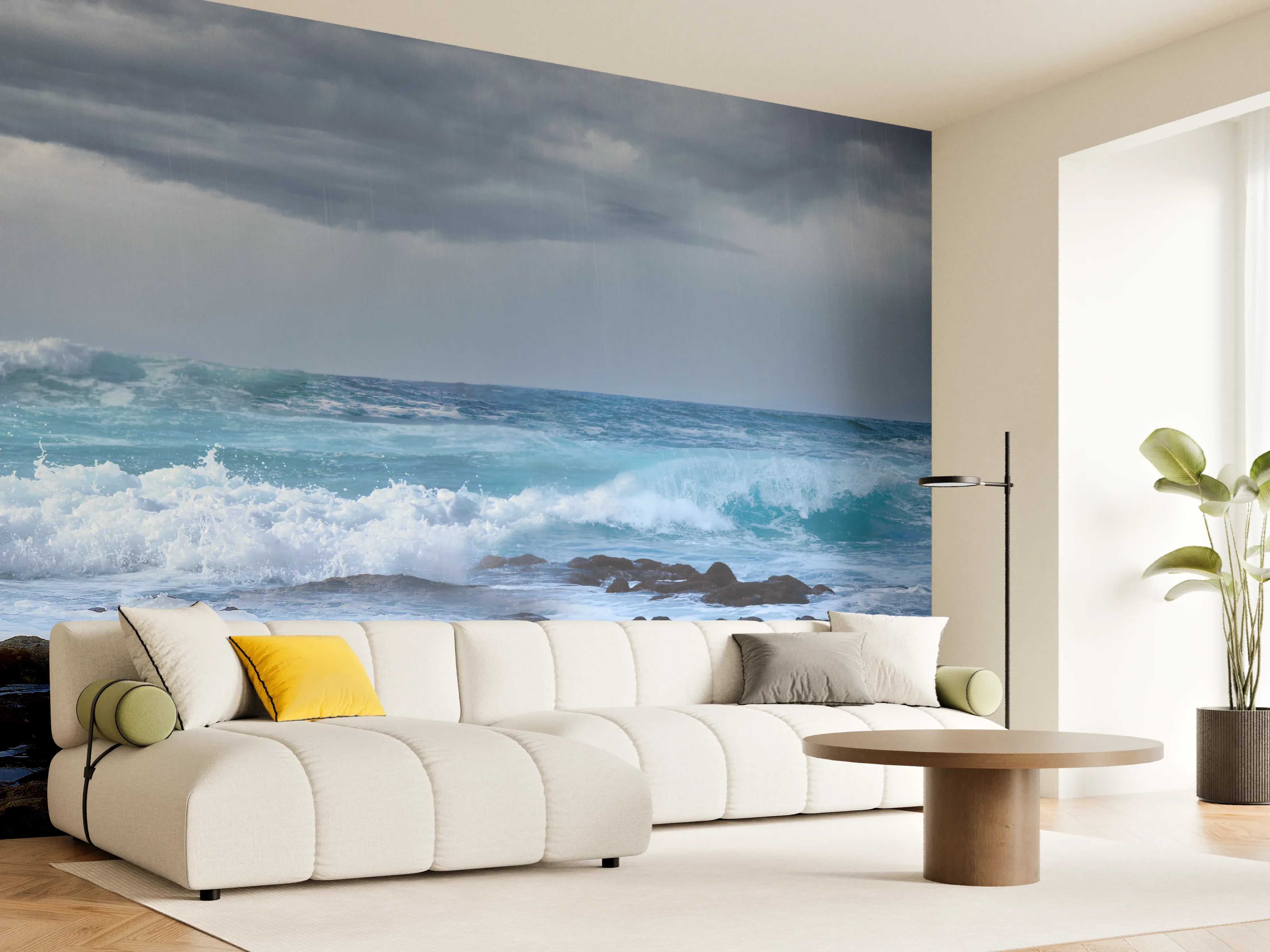 Wandverkleidung Wohnzimmer - Meeresküste mit dunklen Regenwolken und stürmischer See