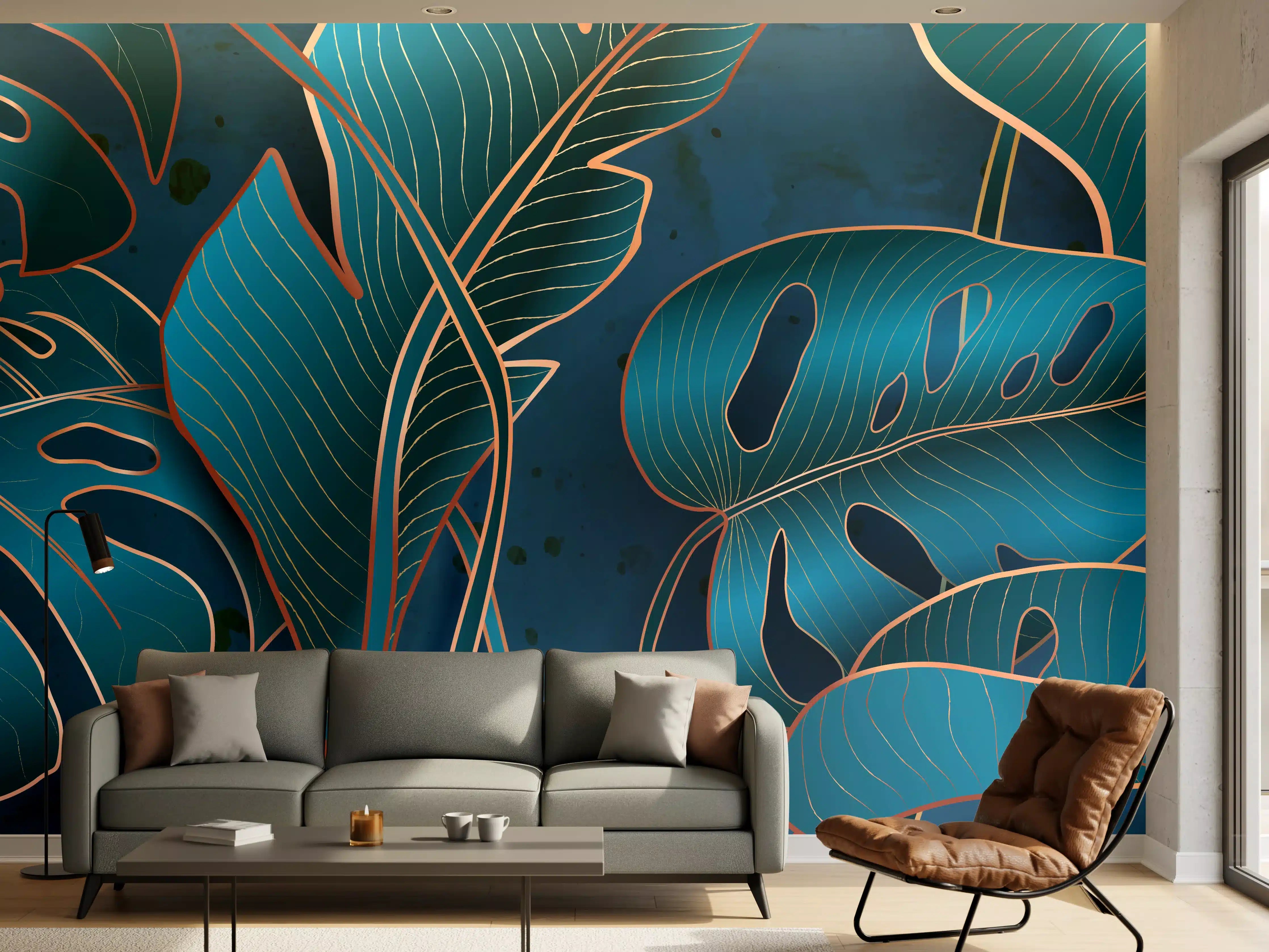 Wandverkleidung Wohnzimmer - Metallisch-blaues Pflanzenmuster