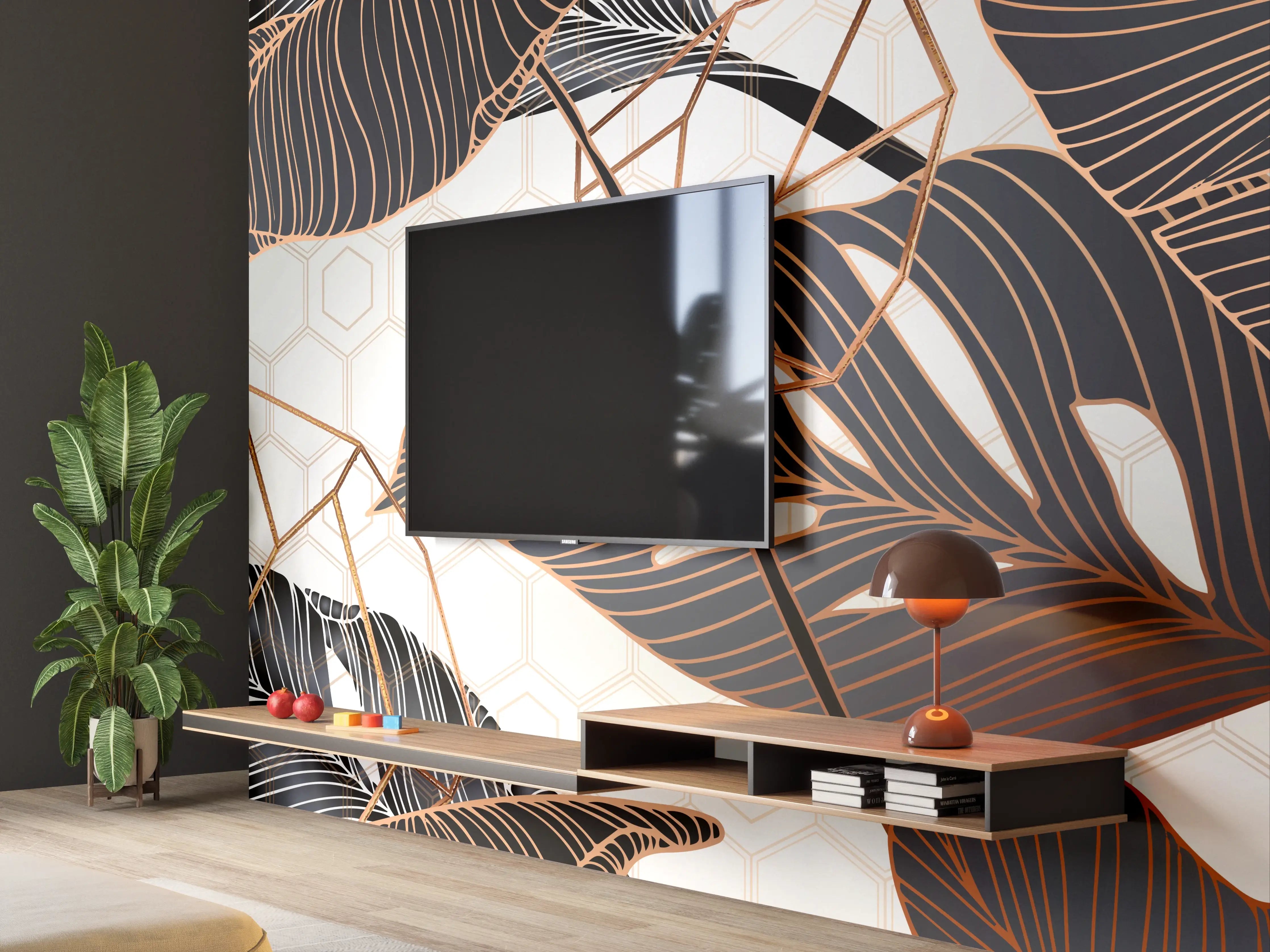 Wandverkleidung Wohnzimmer - Metallische Blatt-Muster Tapete