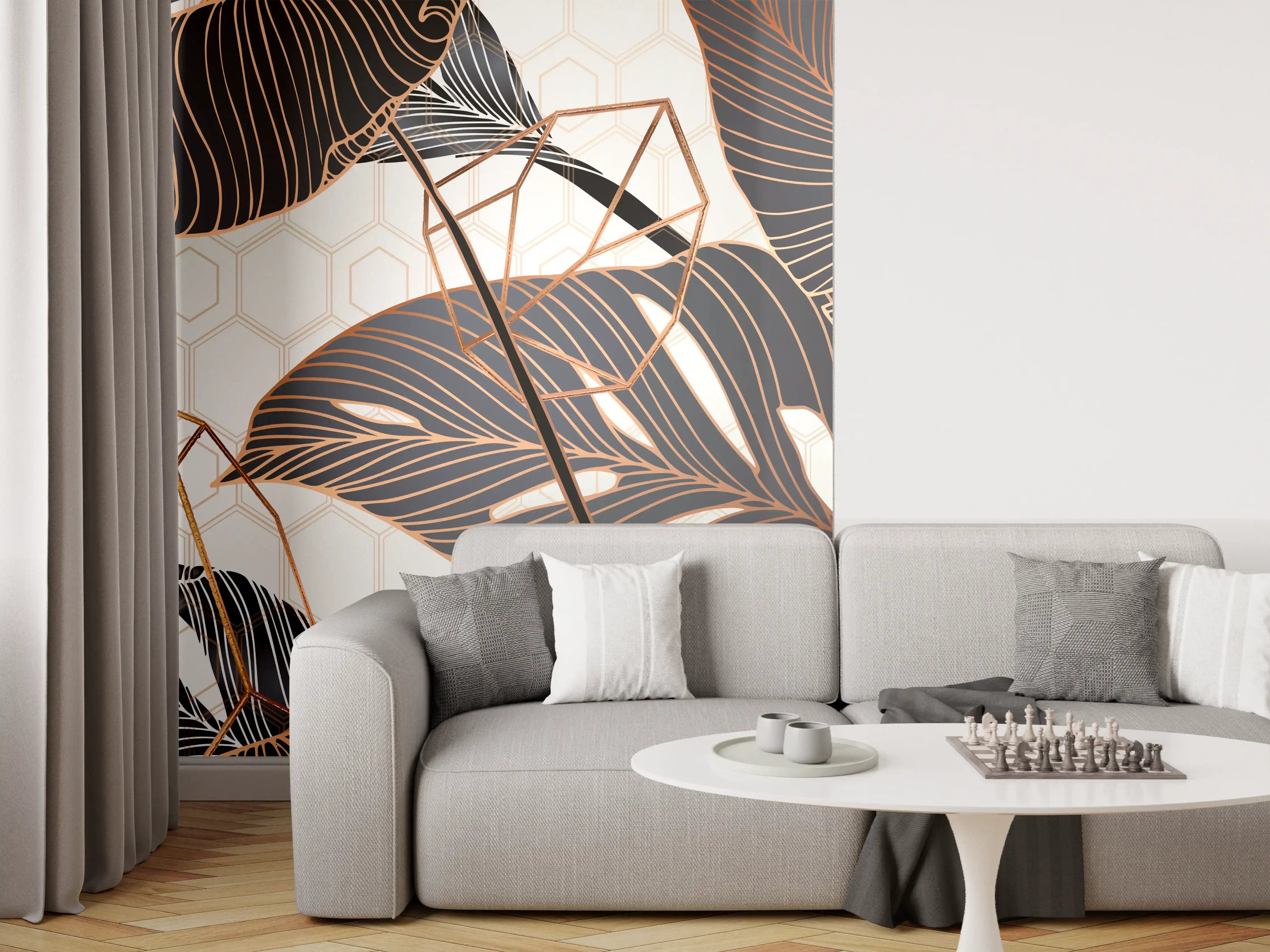 Wandverkleidung Wohnzimmer - Metallische Blatt-Muster Tapete