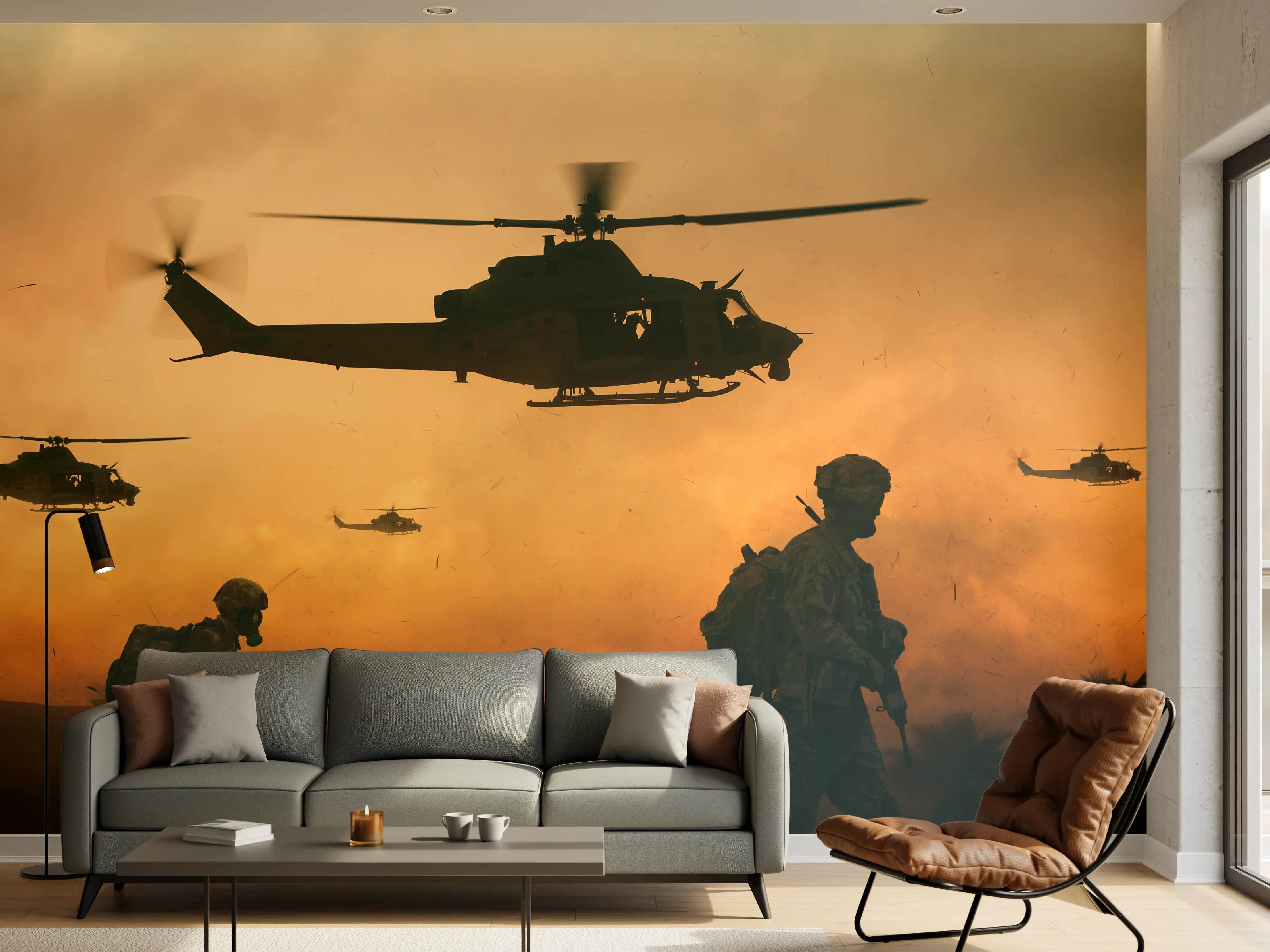 Wandverkleidung Wohnzimmer - Militär und Hubschrauber auf dem Weg zum Schlachtfeld