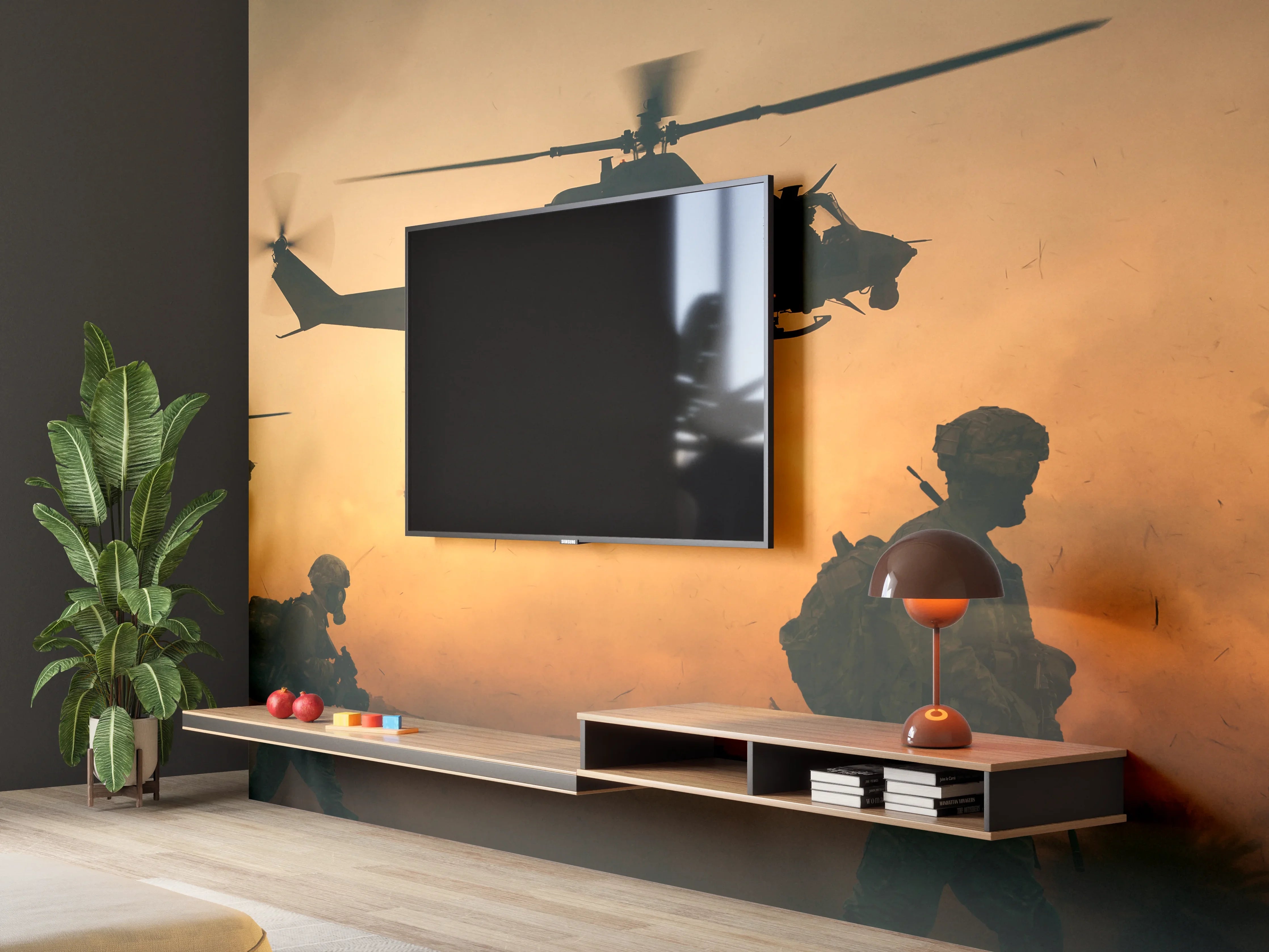 Wandverkleidung Wohnzimmer - Militär und Hubschrauber auf dem Weg zum Schlachtfeld