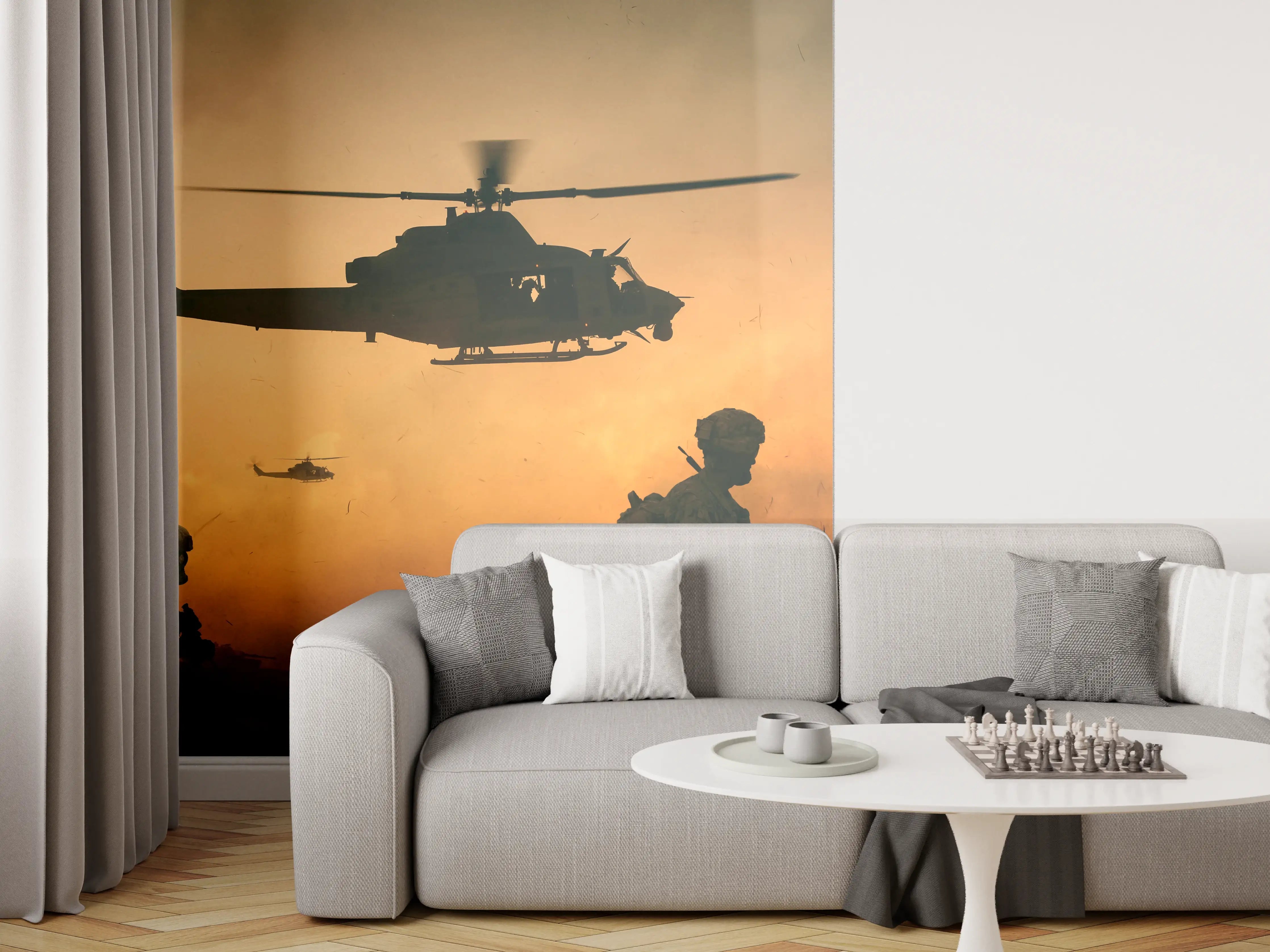 Wandverkleidung Wohnzimmer - Militär und Hubschrauber auf dem Weg zum Schlachtfeld