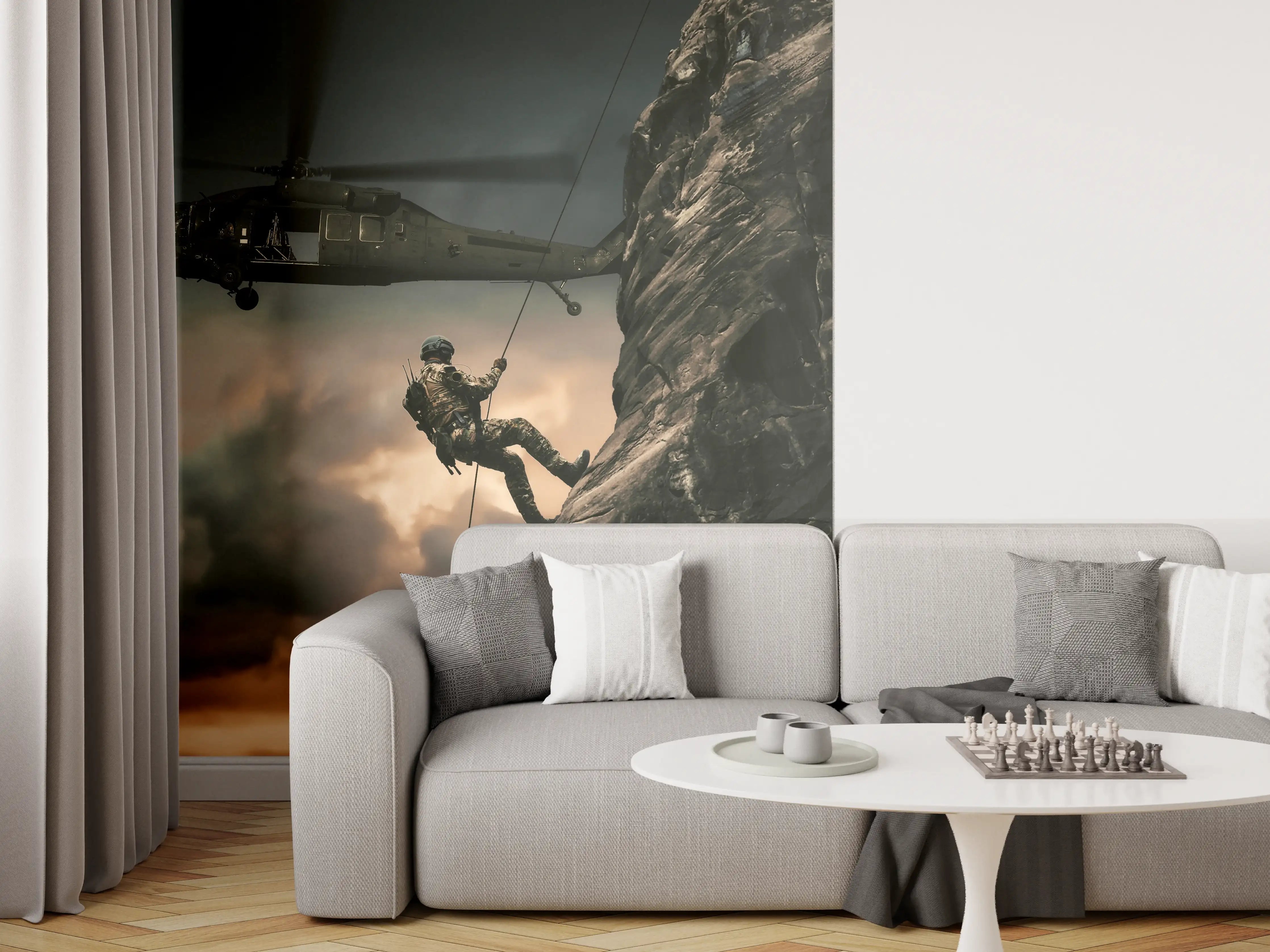 Wandverkleidung Wohnzimmer - Militärhubschrauber und Truppen