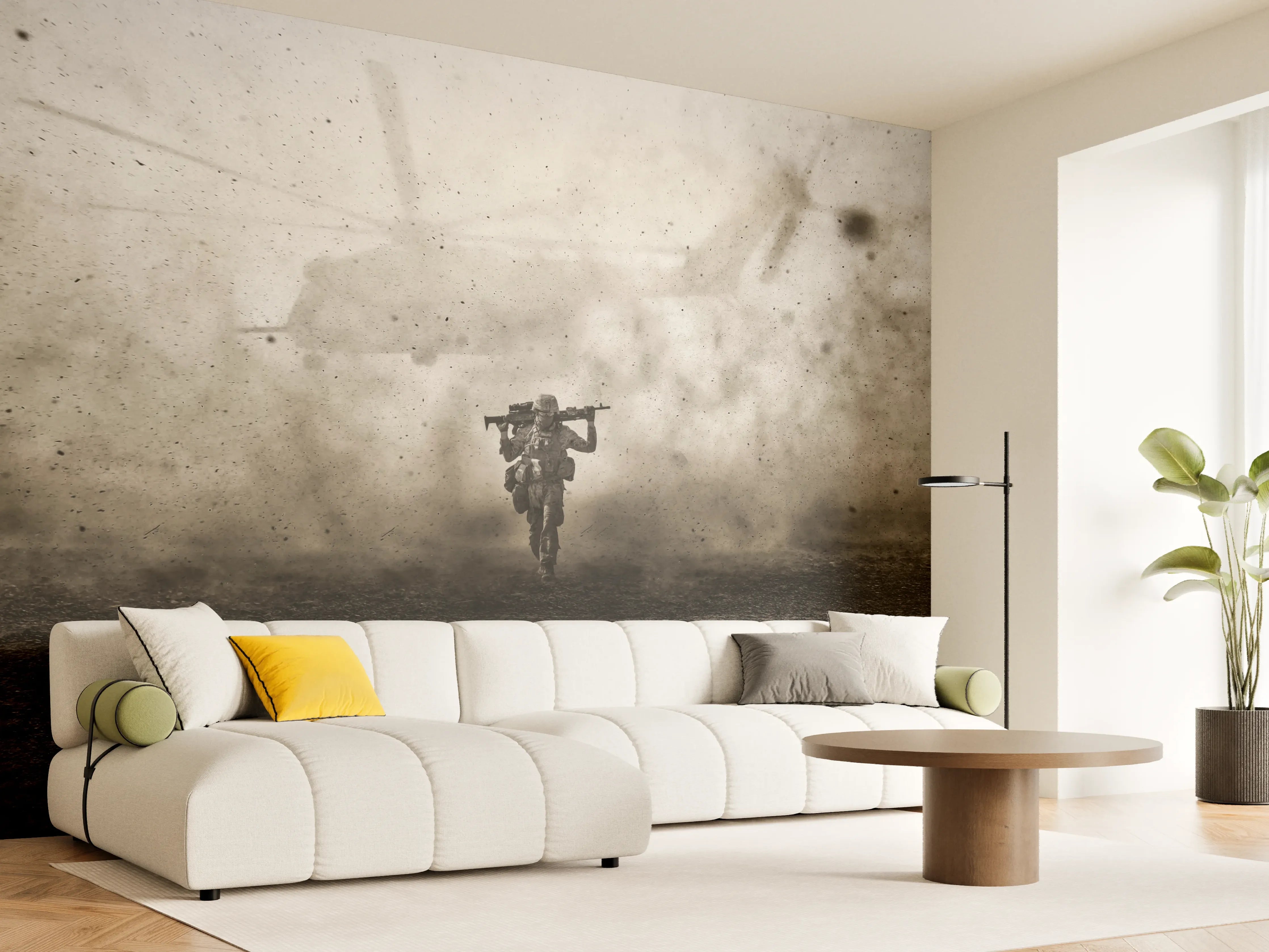Wandverkleidung Wohnzimmer - Militärsoldat und Hubschrauber zwischen Sturm und Staub