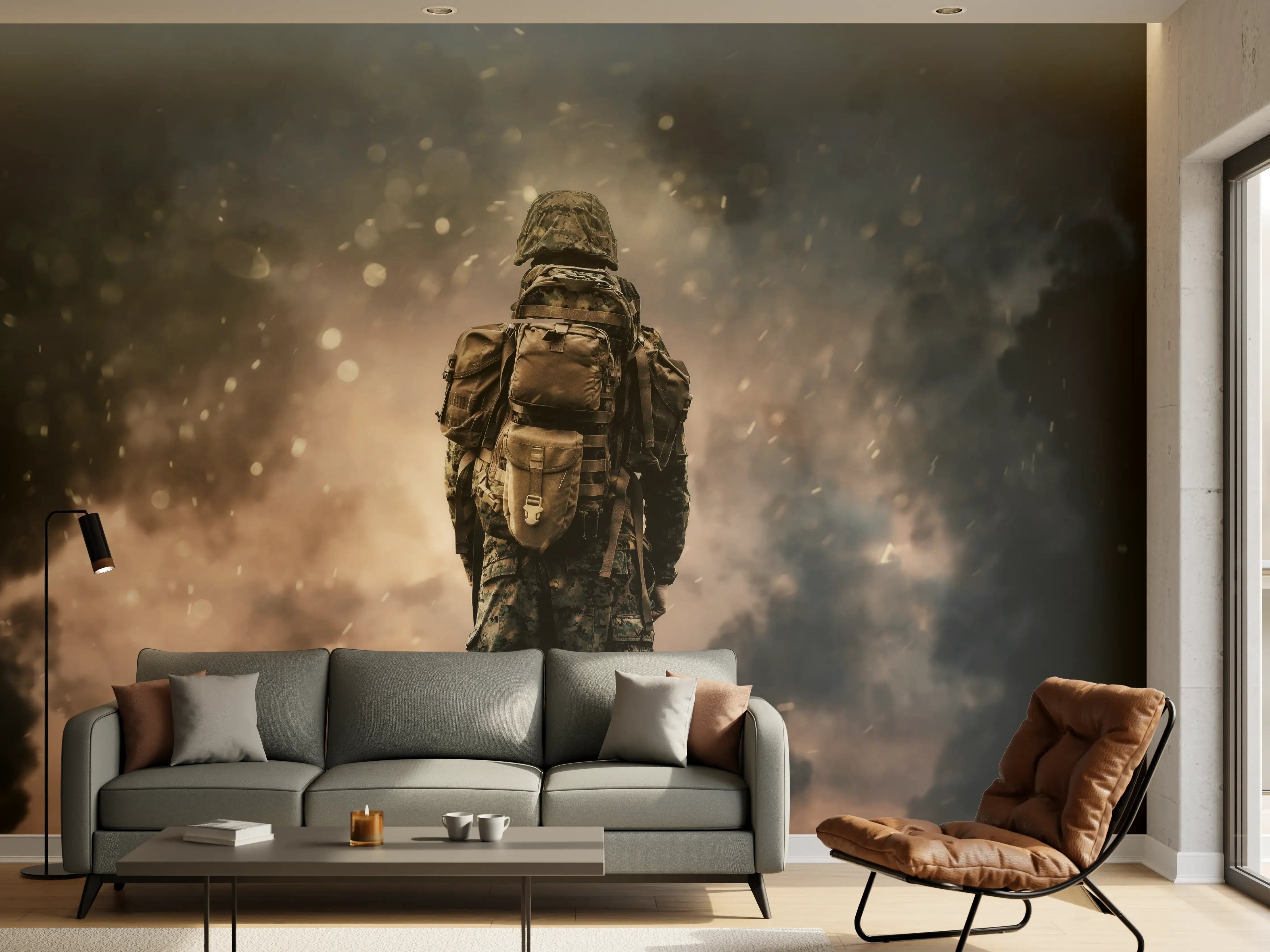 Wandverkleidung Wohnzimmer - Militärsoldat zwischen Rauch und Staub