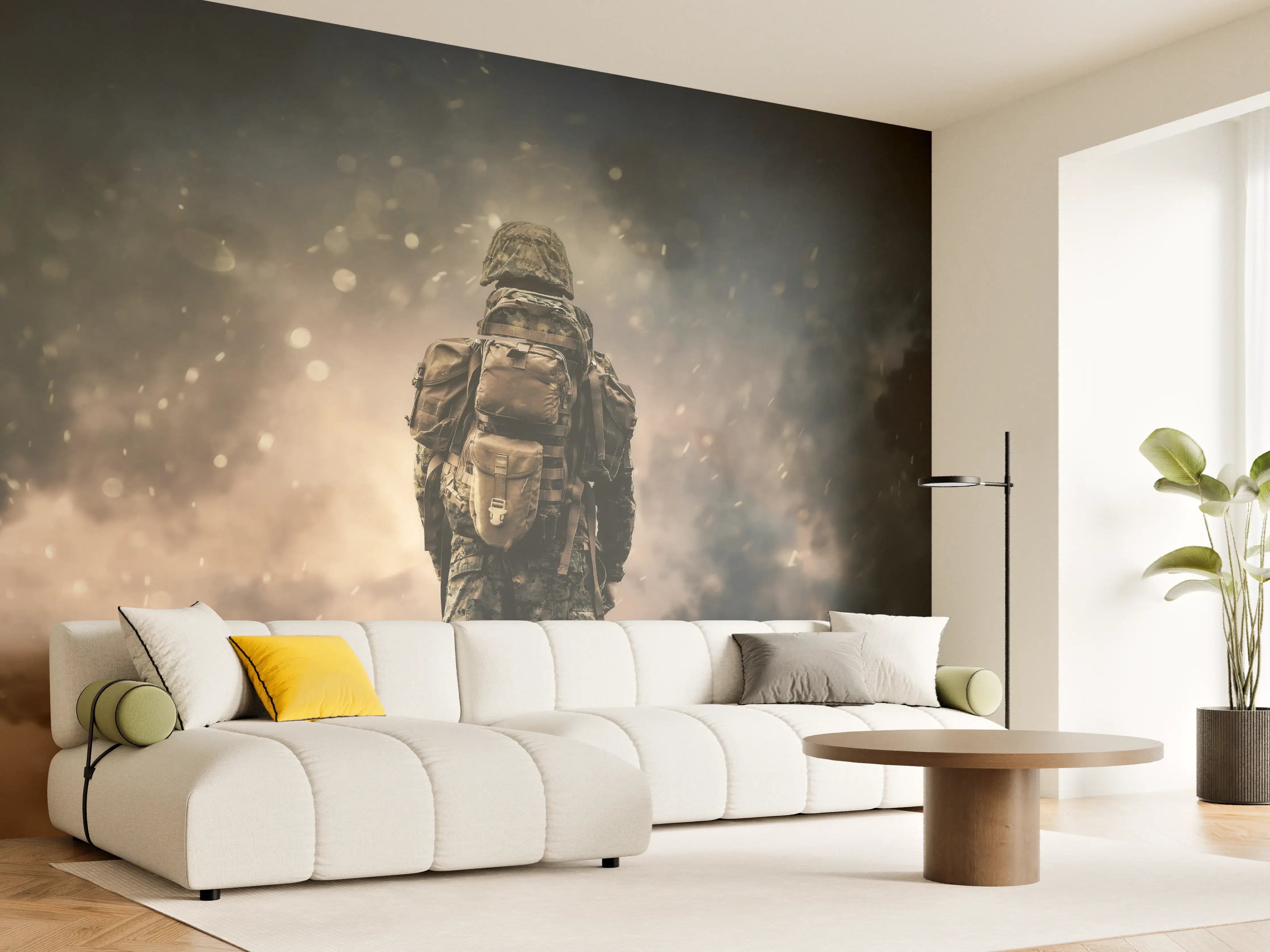 Wandverkleidung Wohnzimmer - Militärsoldat zwischen Rauch und Staub