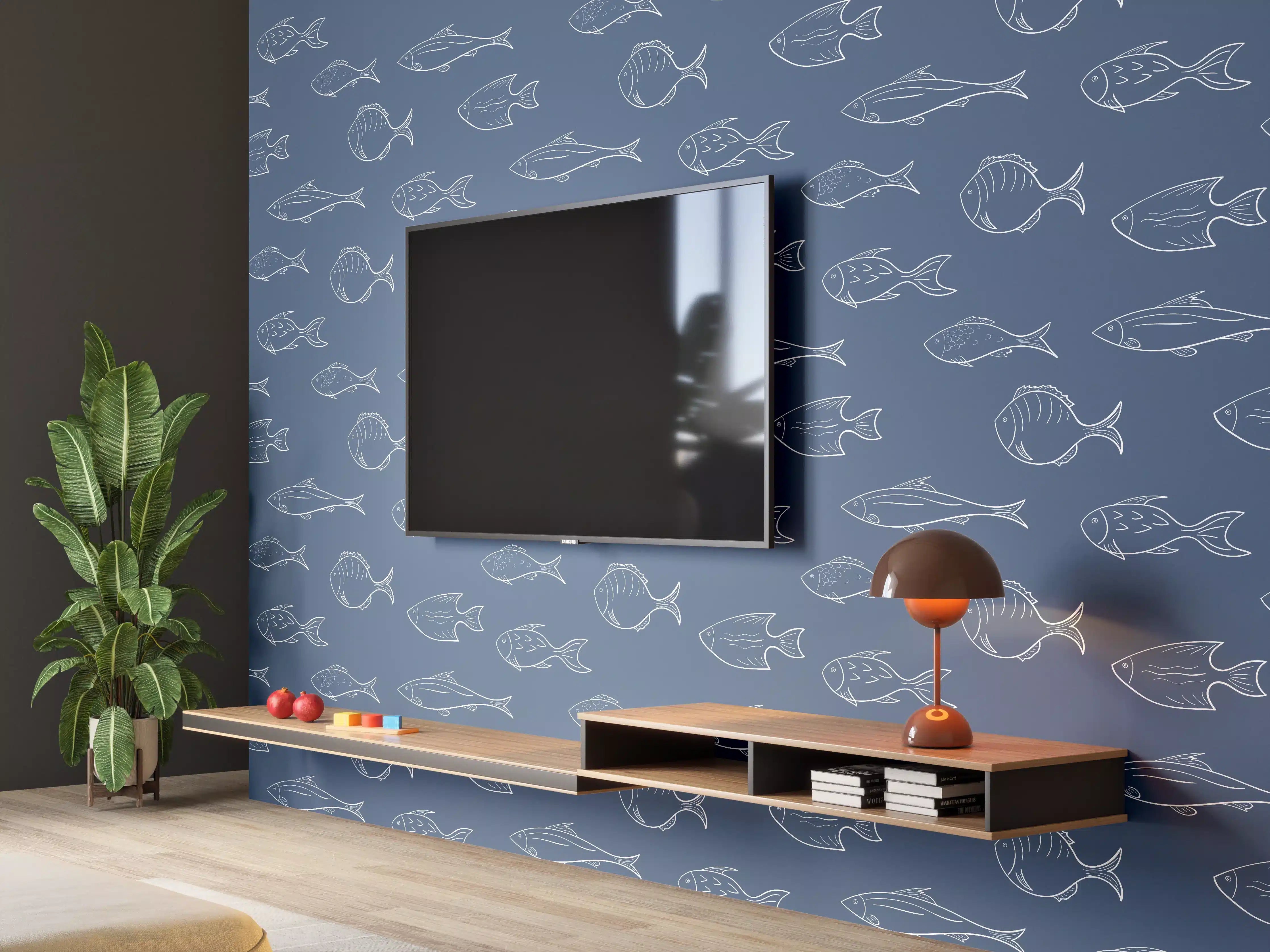 Wandverkleidung Wohnzimmer - Minimal Fischmuster Blau