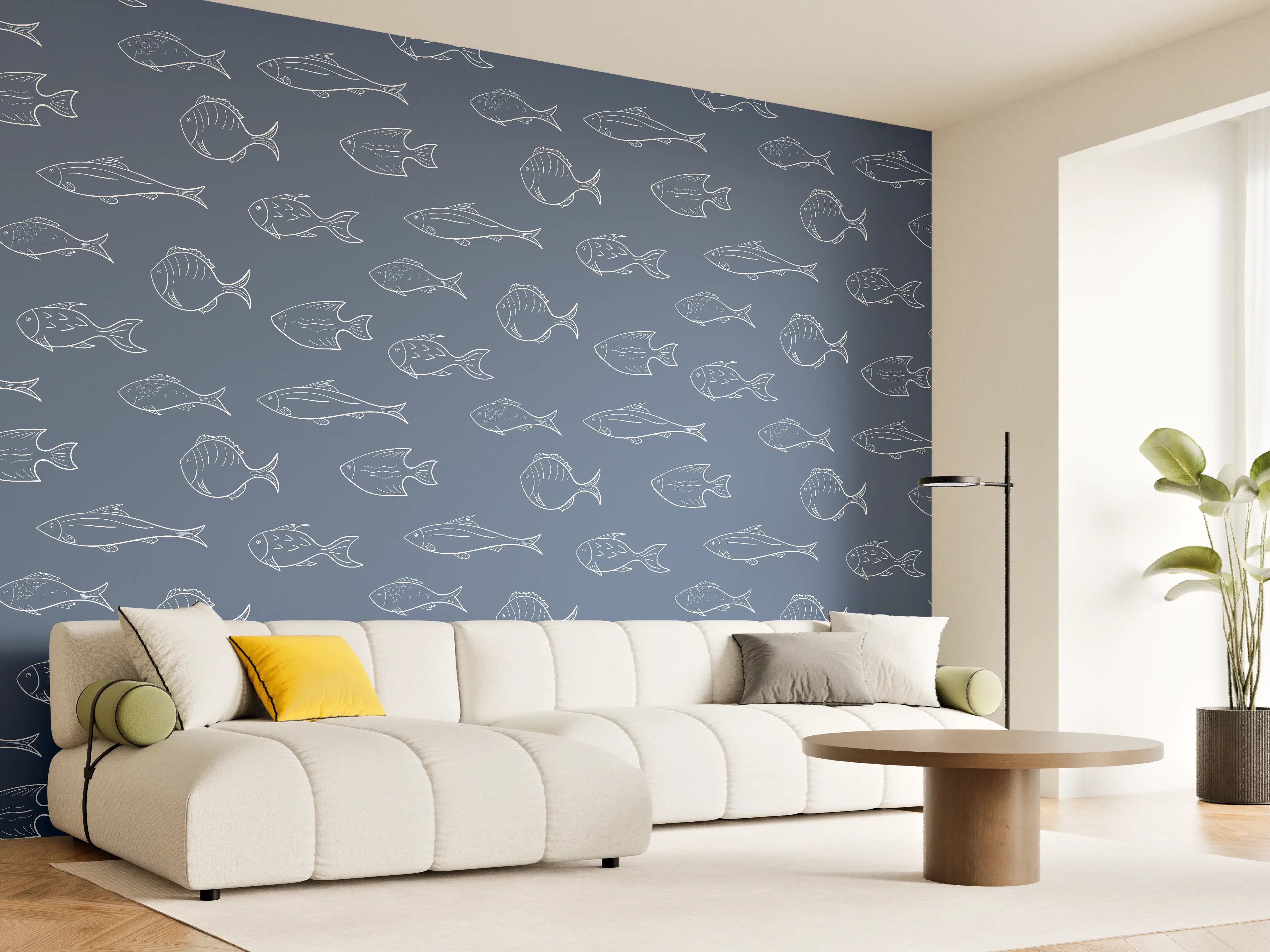 Wandverkleidung Wohnzimmer - Minimal Fischmuster Blau