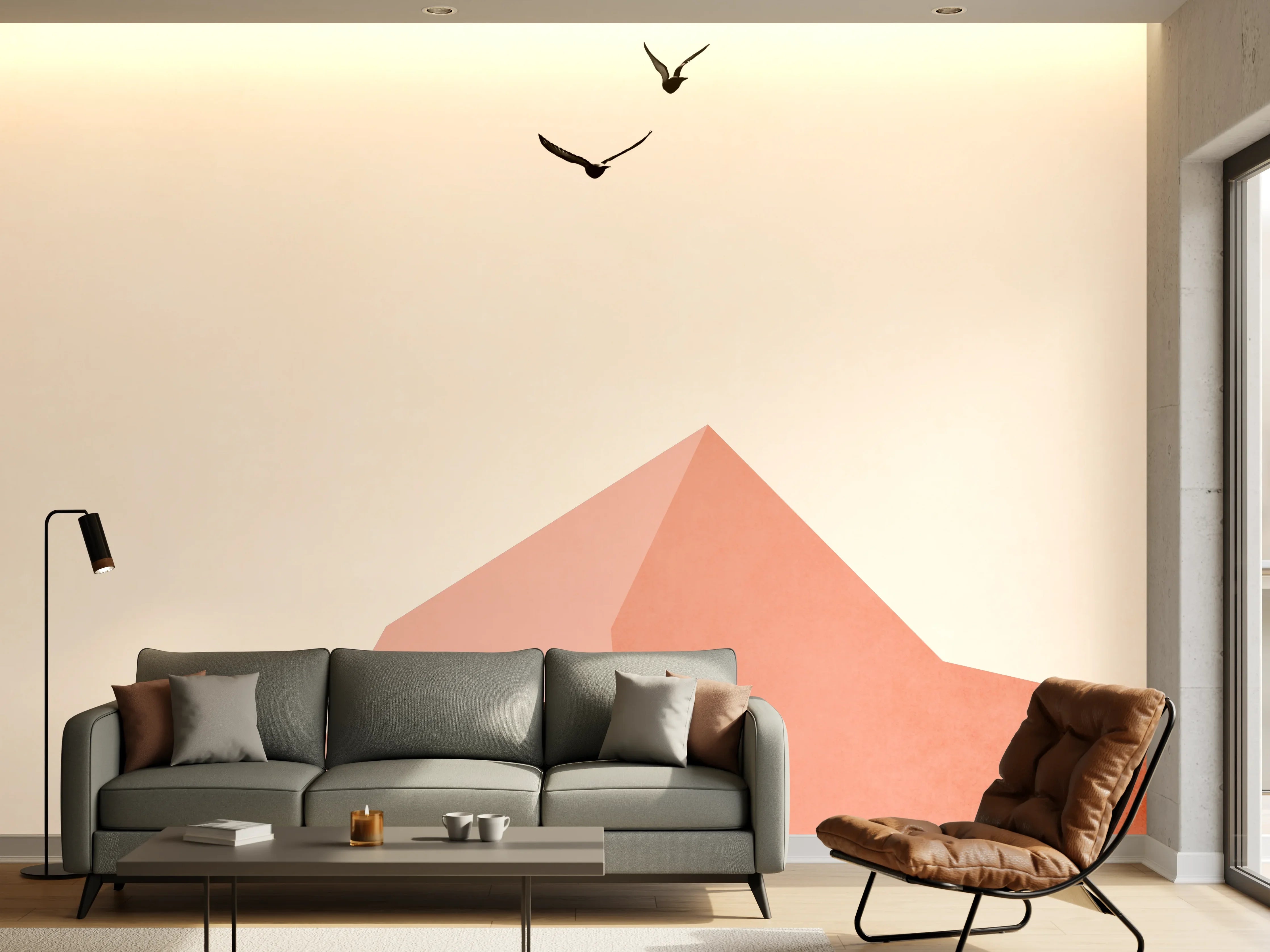 Wandverkleidung Wohnzimmer - Minimalistische Berglandschaft mit Vögeln
