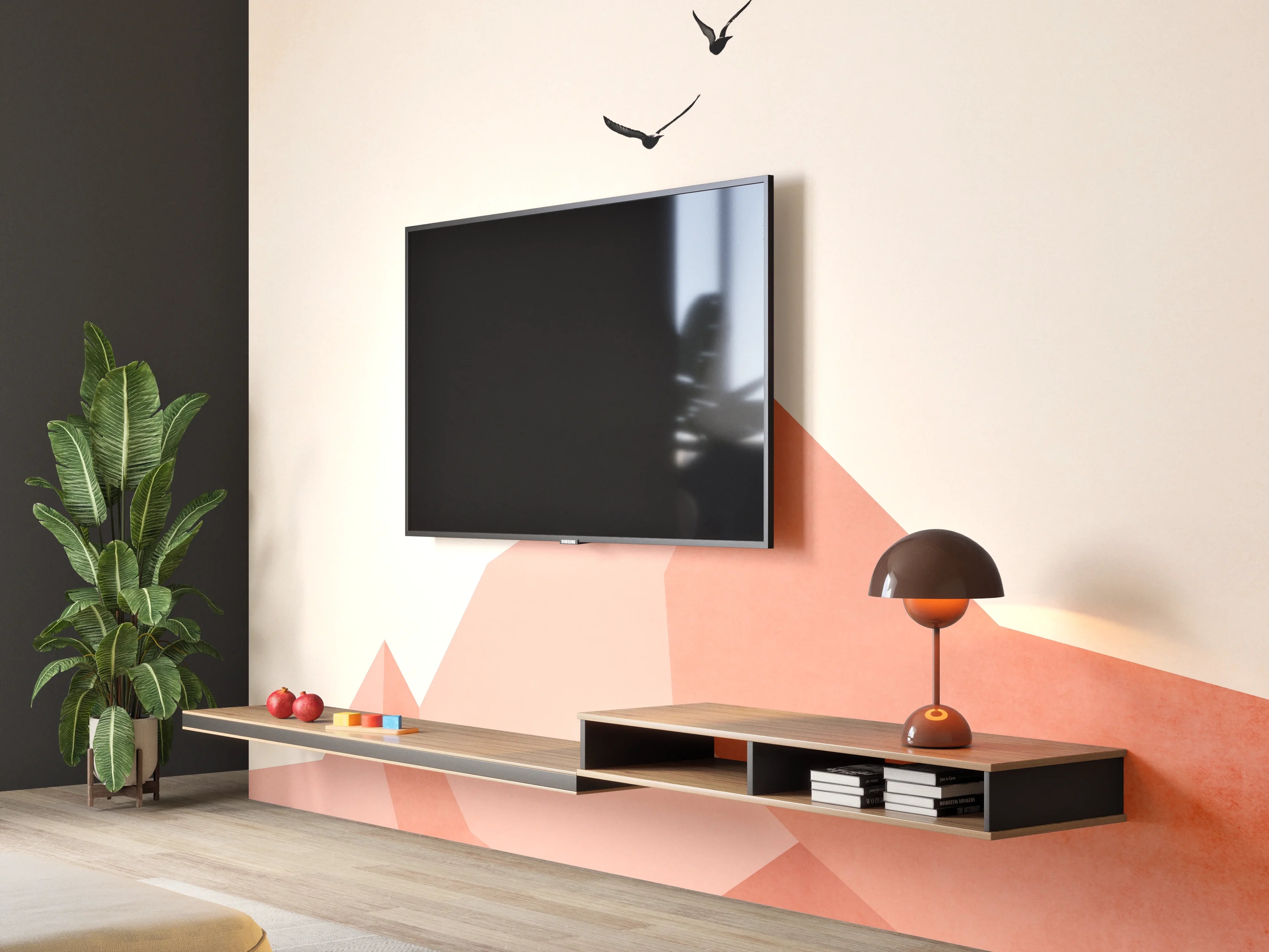 Wandverkleidung Wohnzimmer - Minimalistische Berglandschaft mit Vögeln