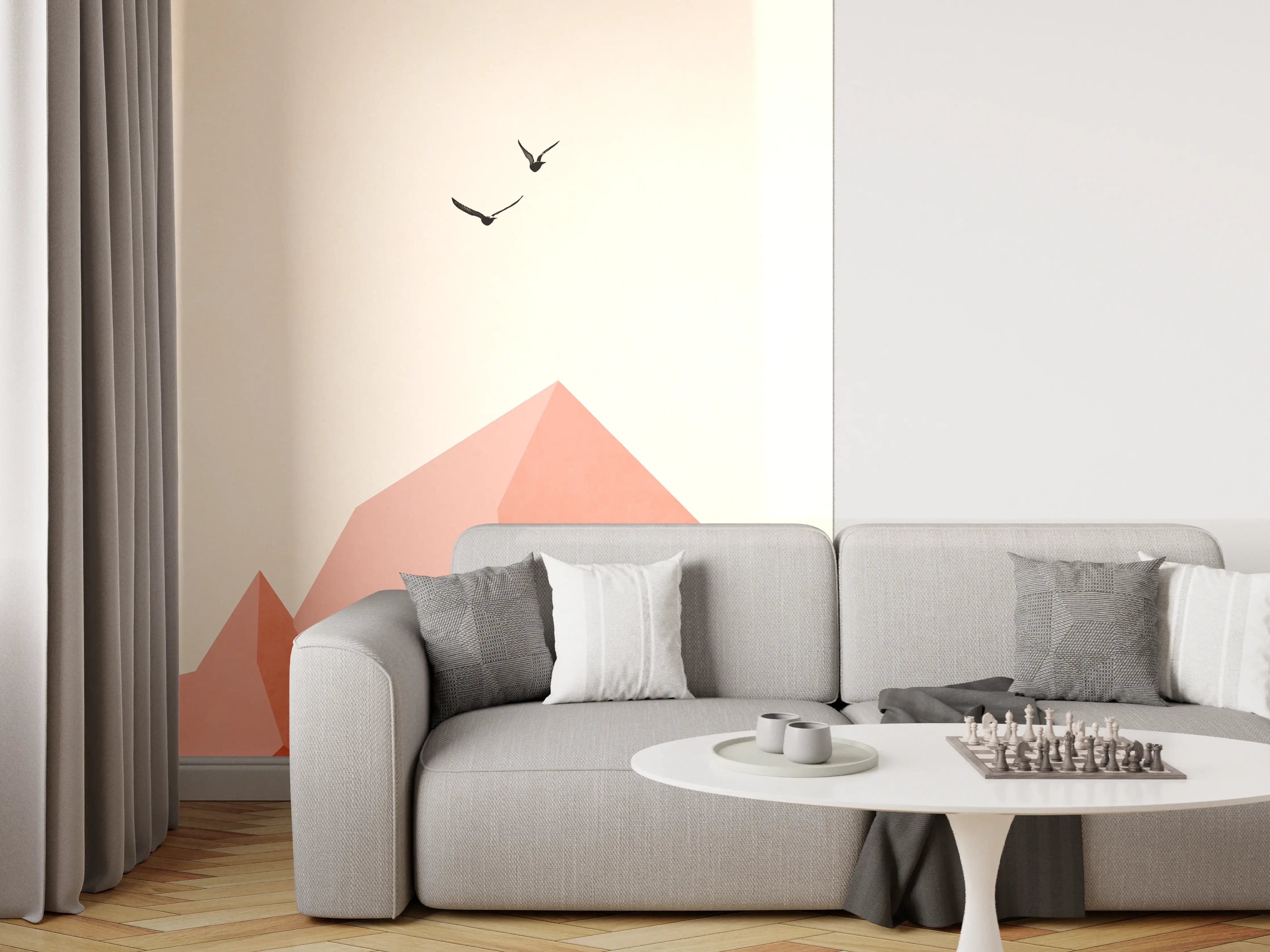 Wandverkleidung Wohnzimmer - Minimalistische Berglandschaft mit Vögeln