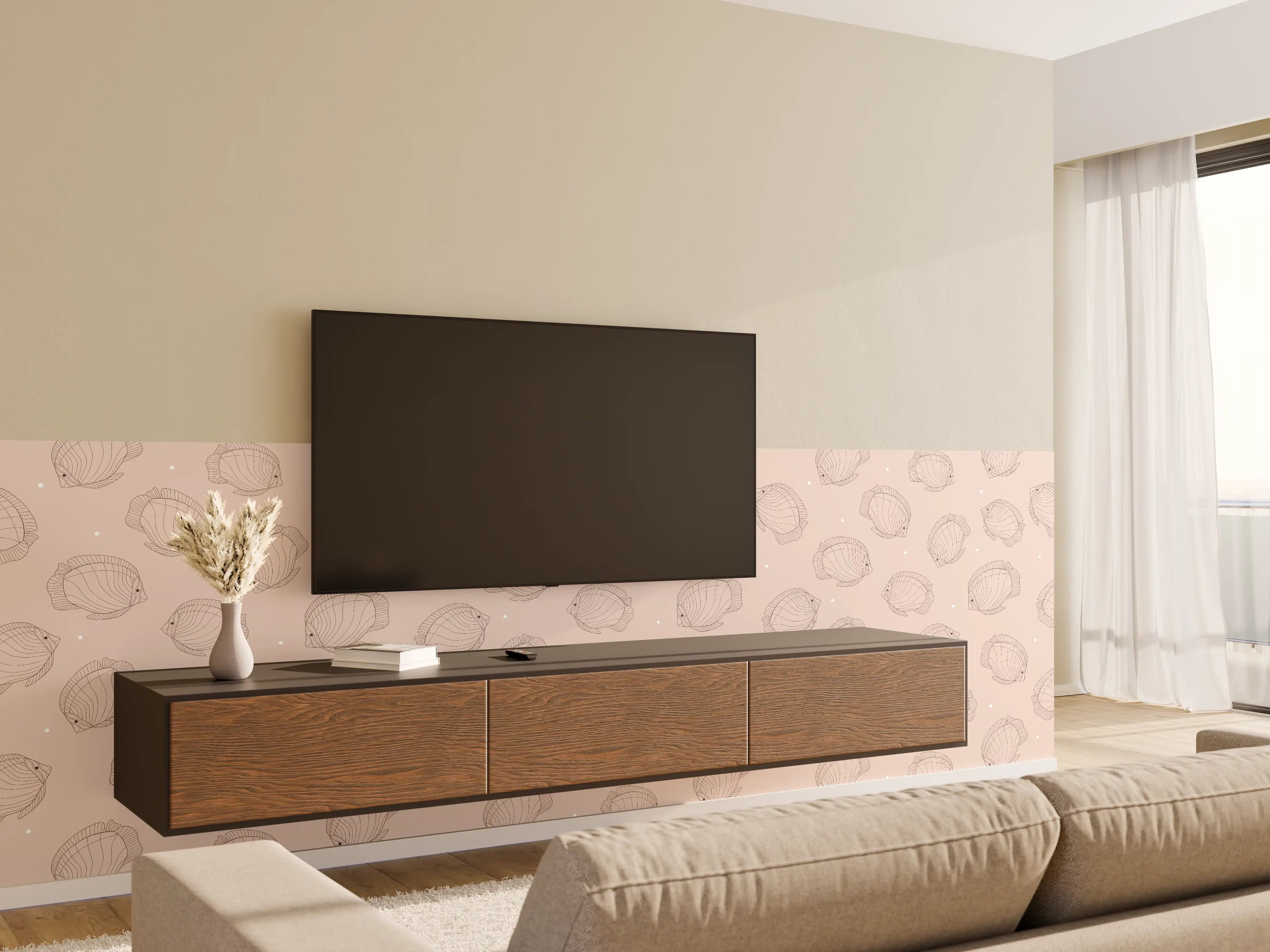 Wandverkleidung Wohnzimmer - Minimalistische Fische Beige-Rosa