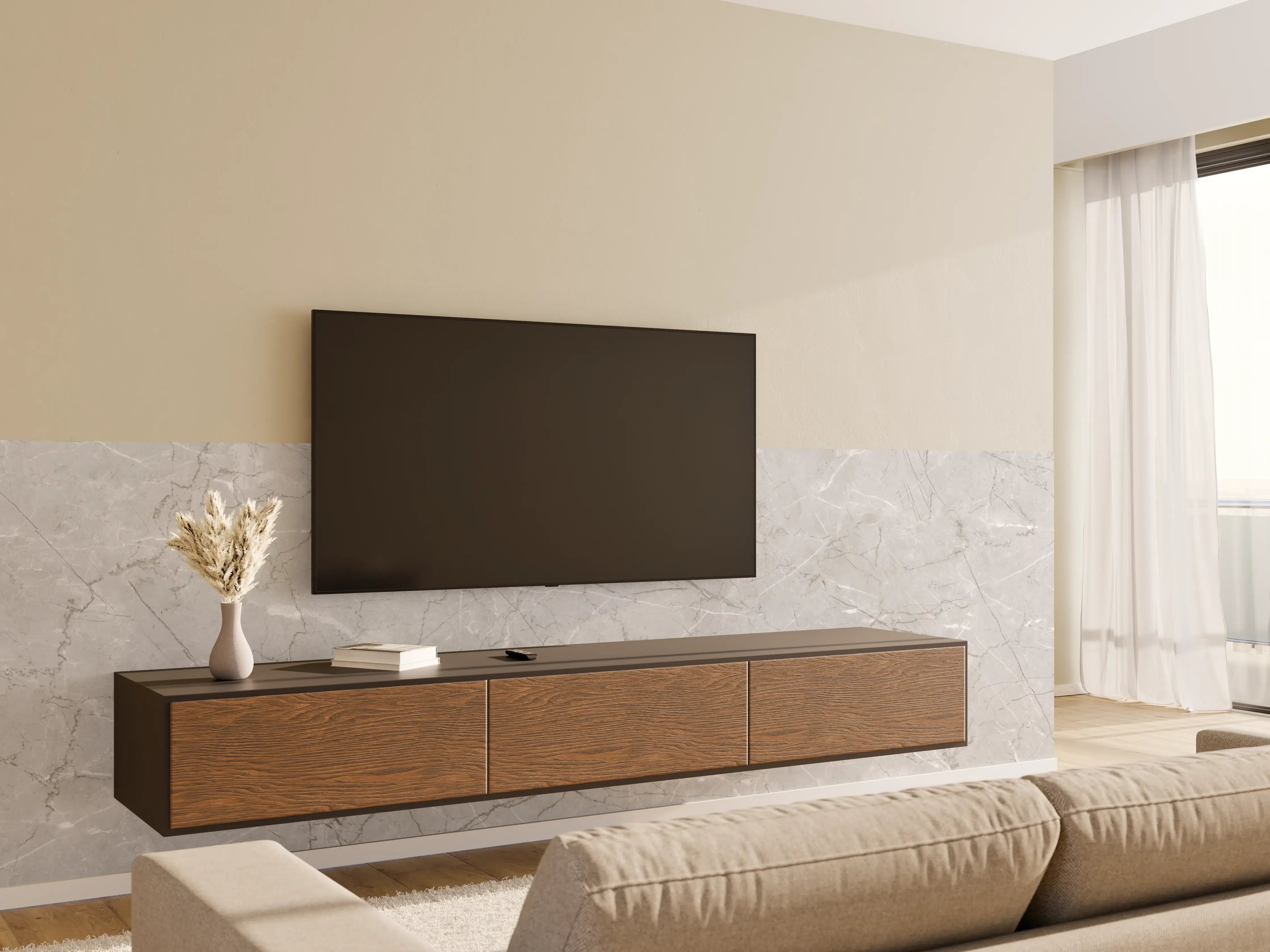 Wandverkleidung Wohnzimmer - Minimalistische Marmorfläche in Weiß und Grau