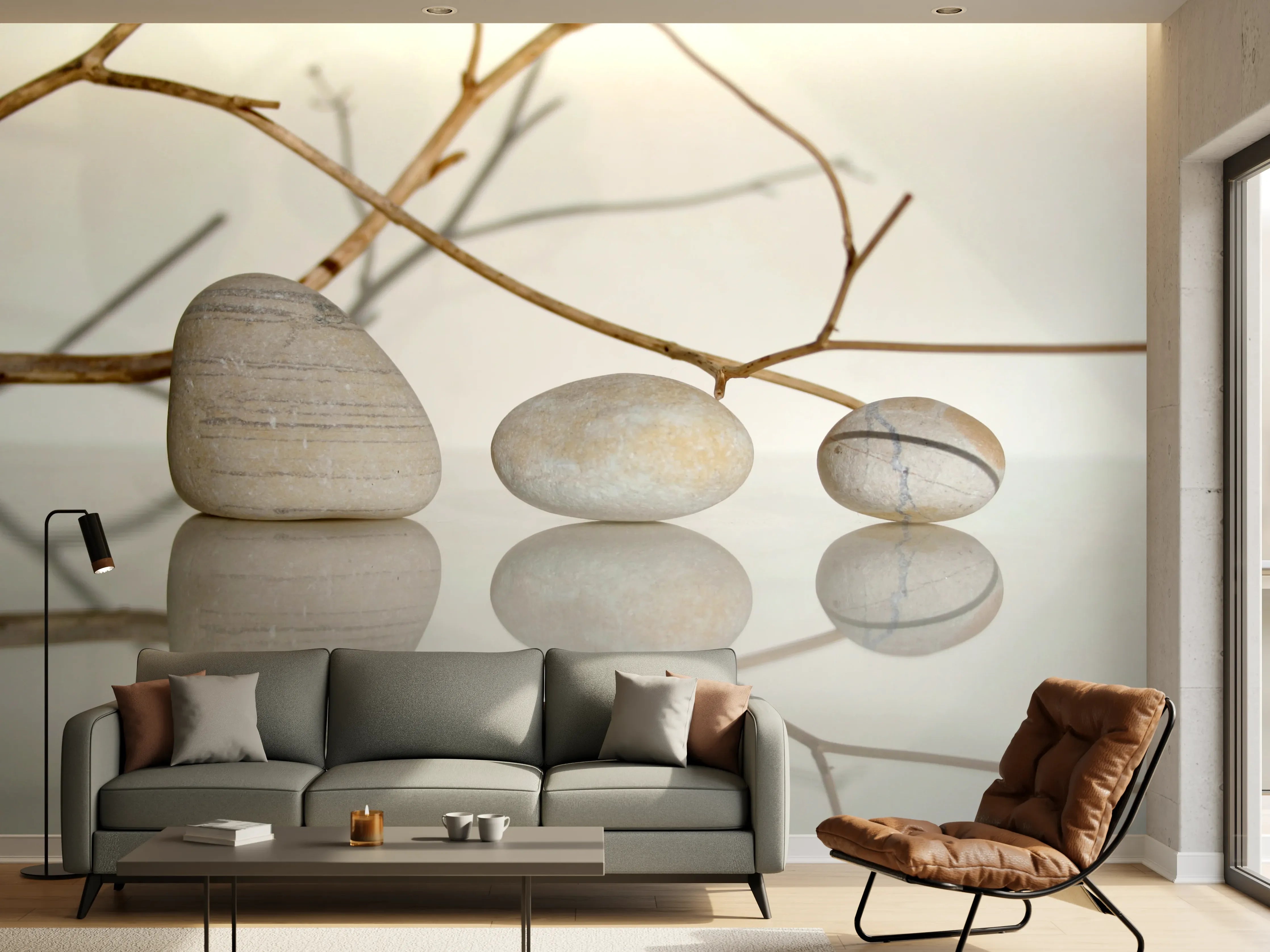 Wandverkleidung Wohnzimmer - Minimalistische Steine im Zen-Design