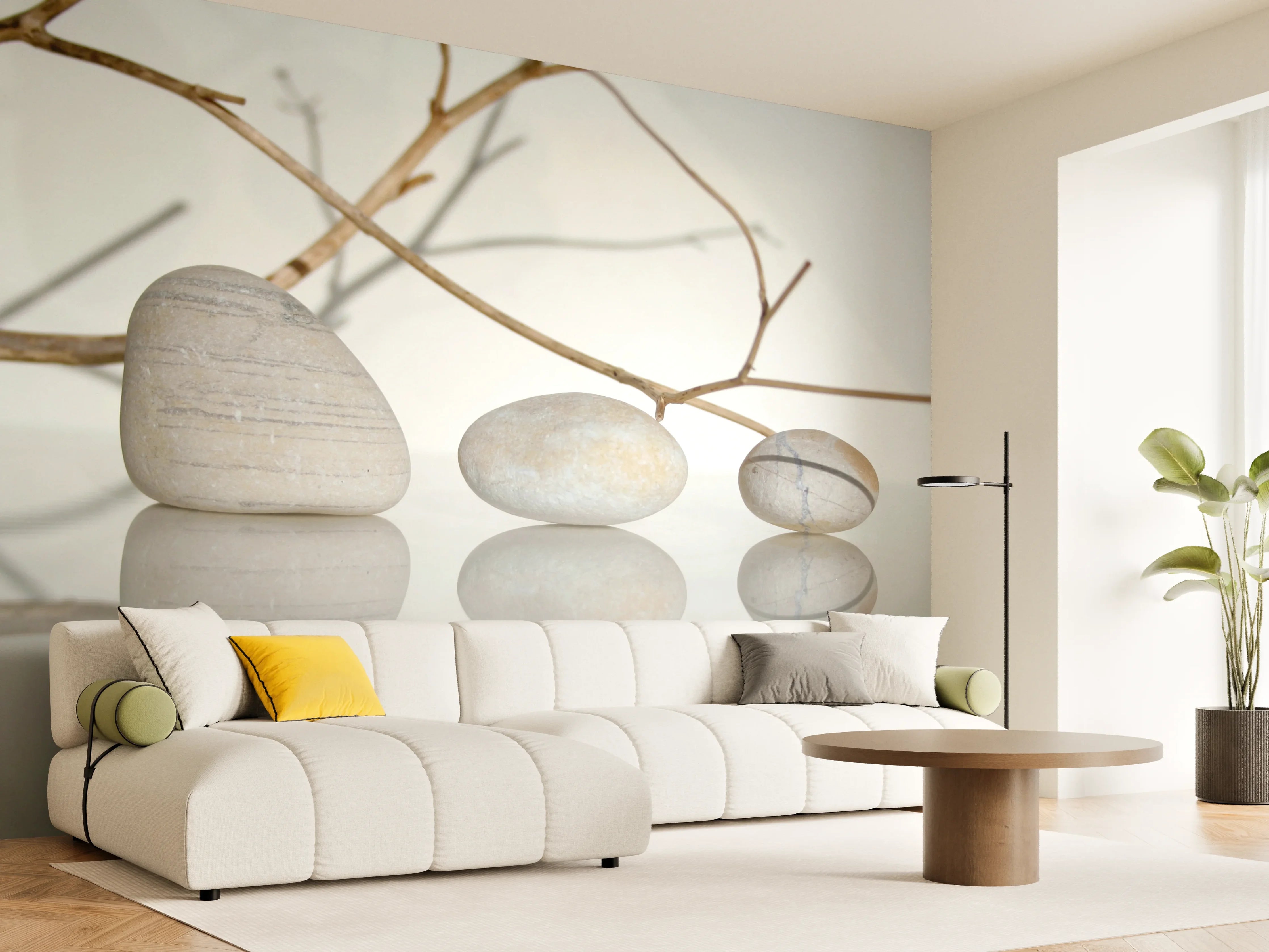 Wandverkleidung Wohnzimmer - Minimalistische Steine im Zen-Design