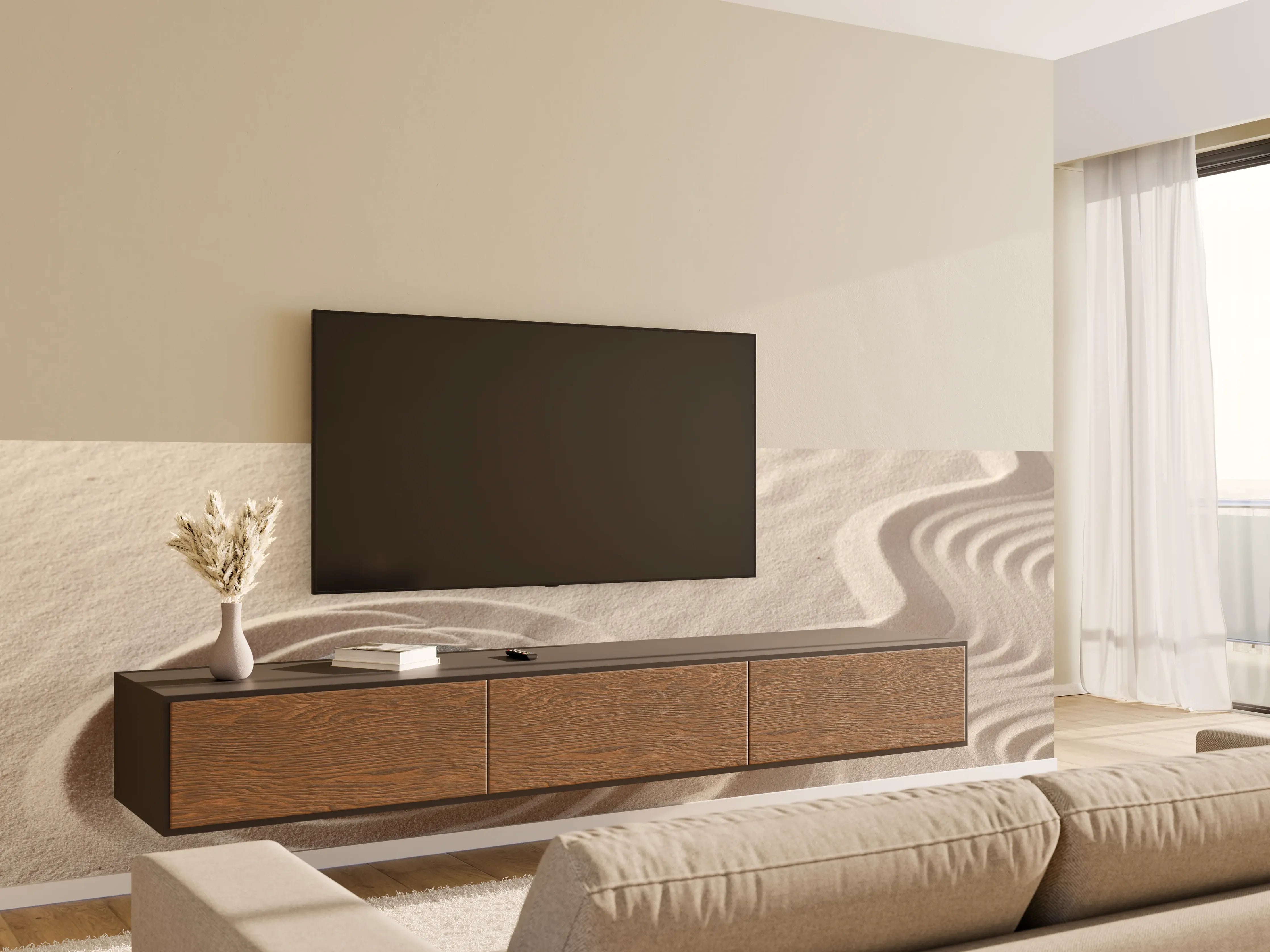 Wandverkleidung Wohnzimmer - Minimalistischer Sandstein mit Wellenmuster
