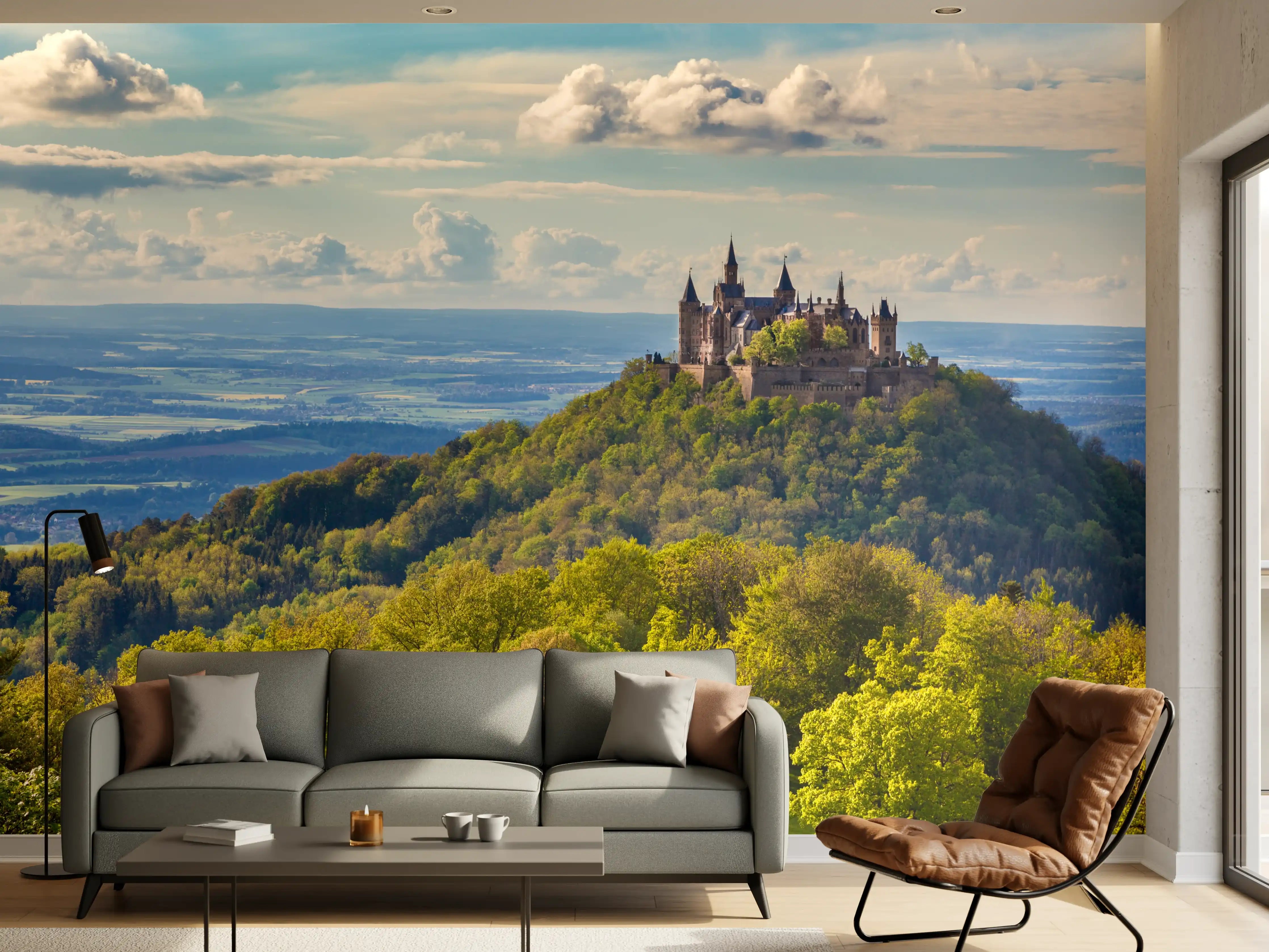 Wandverkleidung Wohnzimmer - Mittelalterliche Burg auf malerischem Hügel mit Waldlandschaft