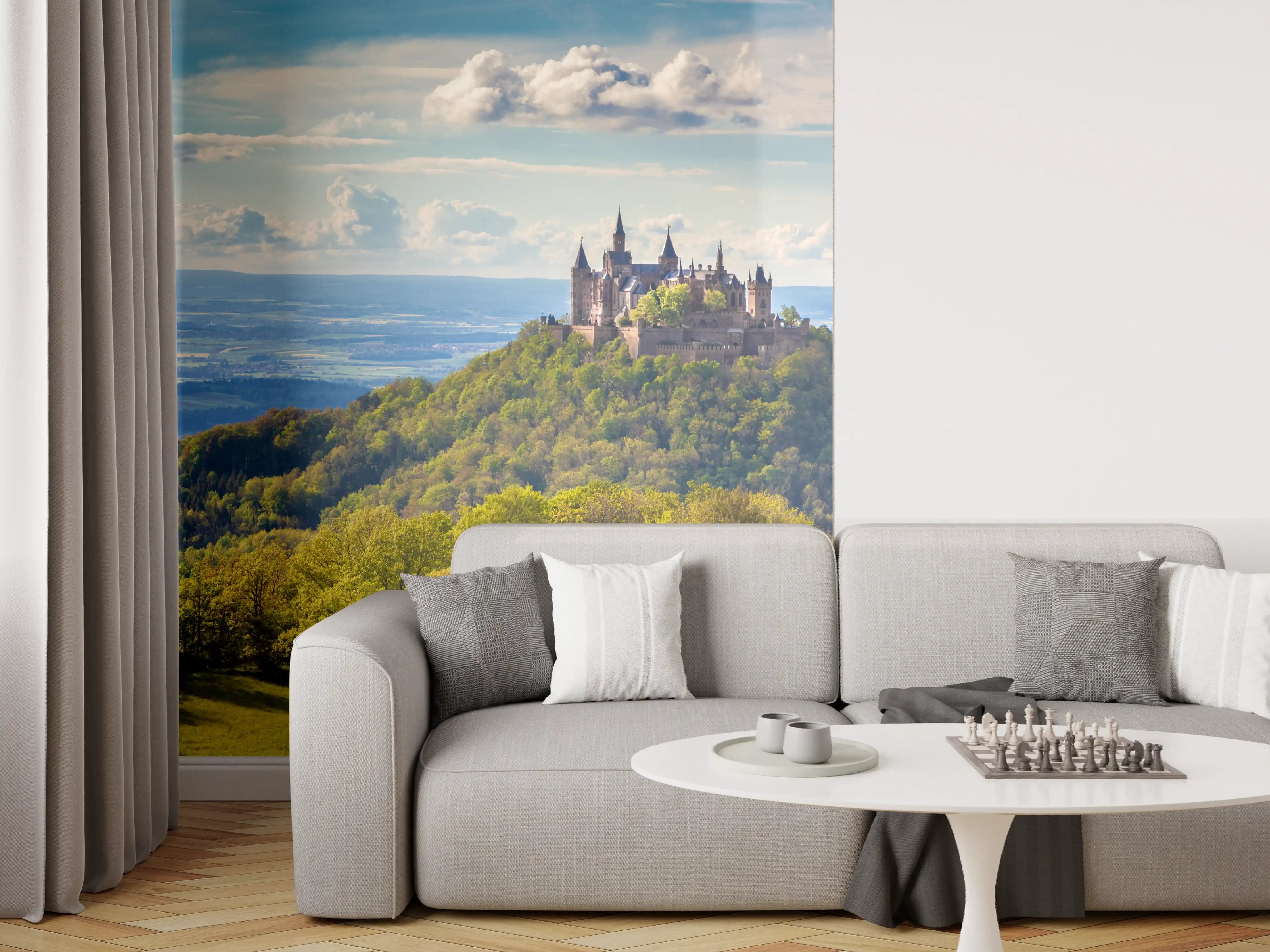 Wandverkleidung Wohnzimmer - Mittelalterliche Burg auf malerischem Hügel mit Waldlandschaft