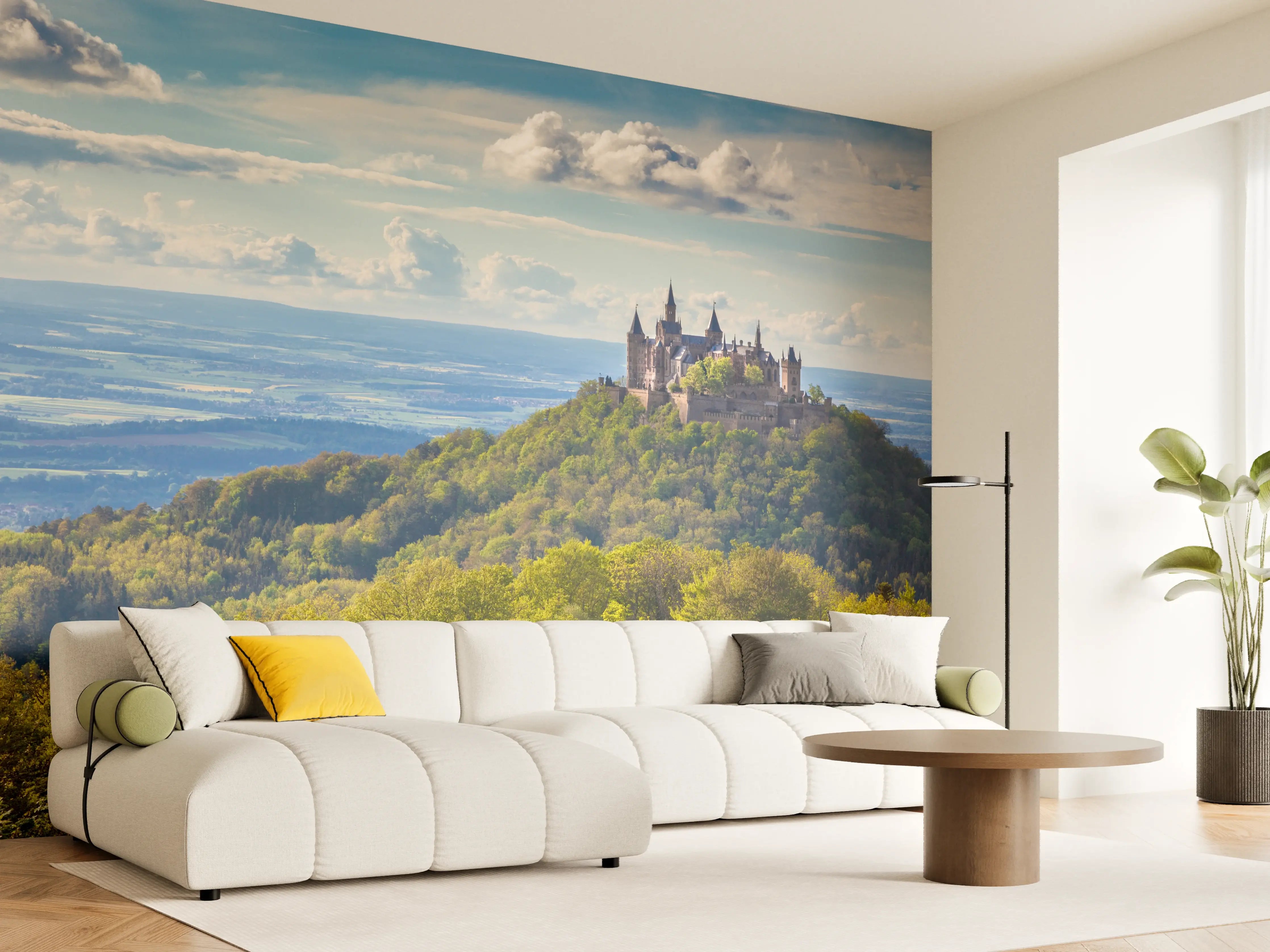 Wandverkleidung Wohnzimmer - Mittelalterliche Burg auf malerischem Hügel mit Waldlandschaft
