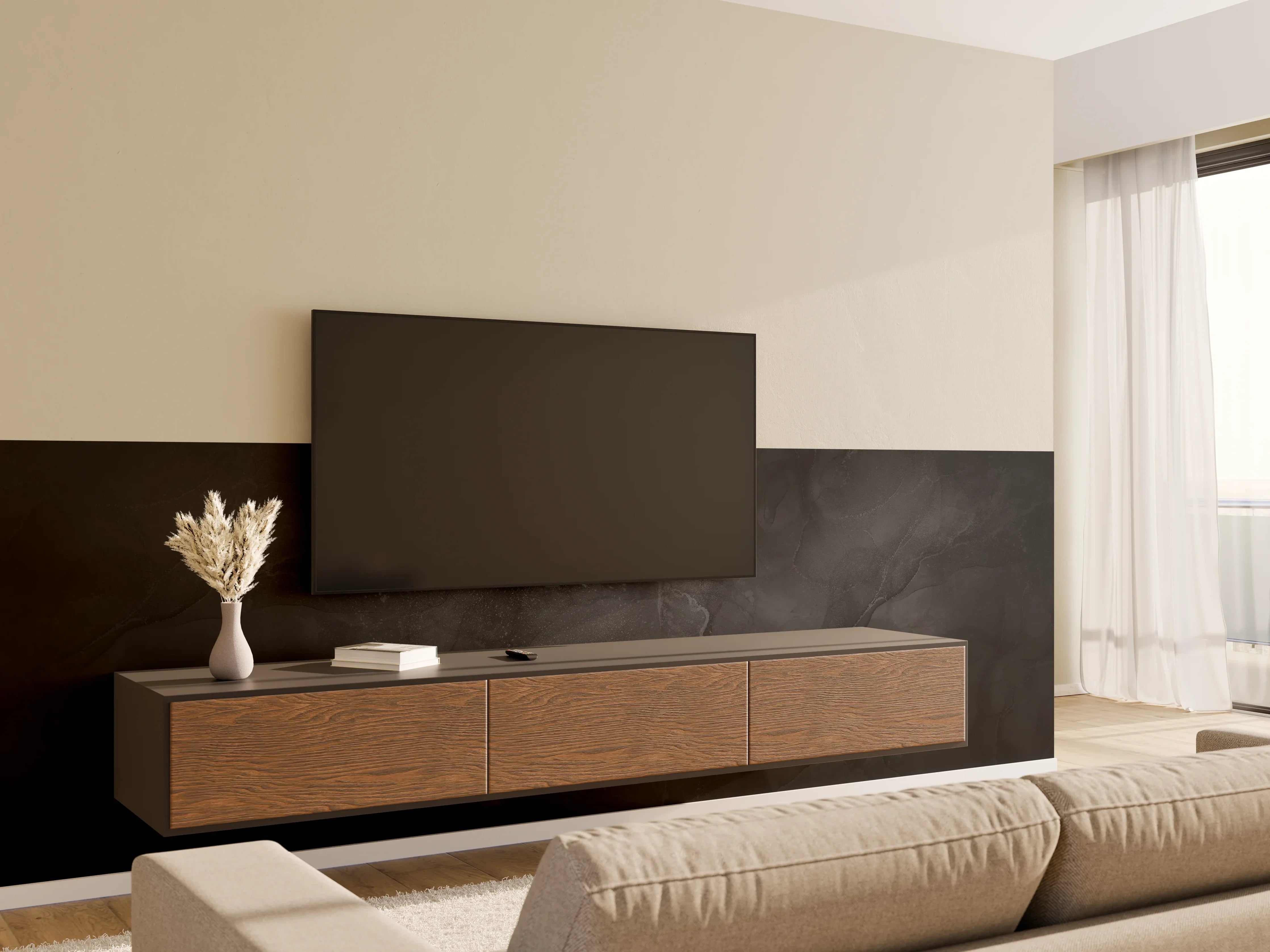Wandverkleidung Wohnzimmer - Modern grau-schwarzer Marmor
