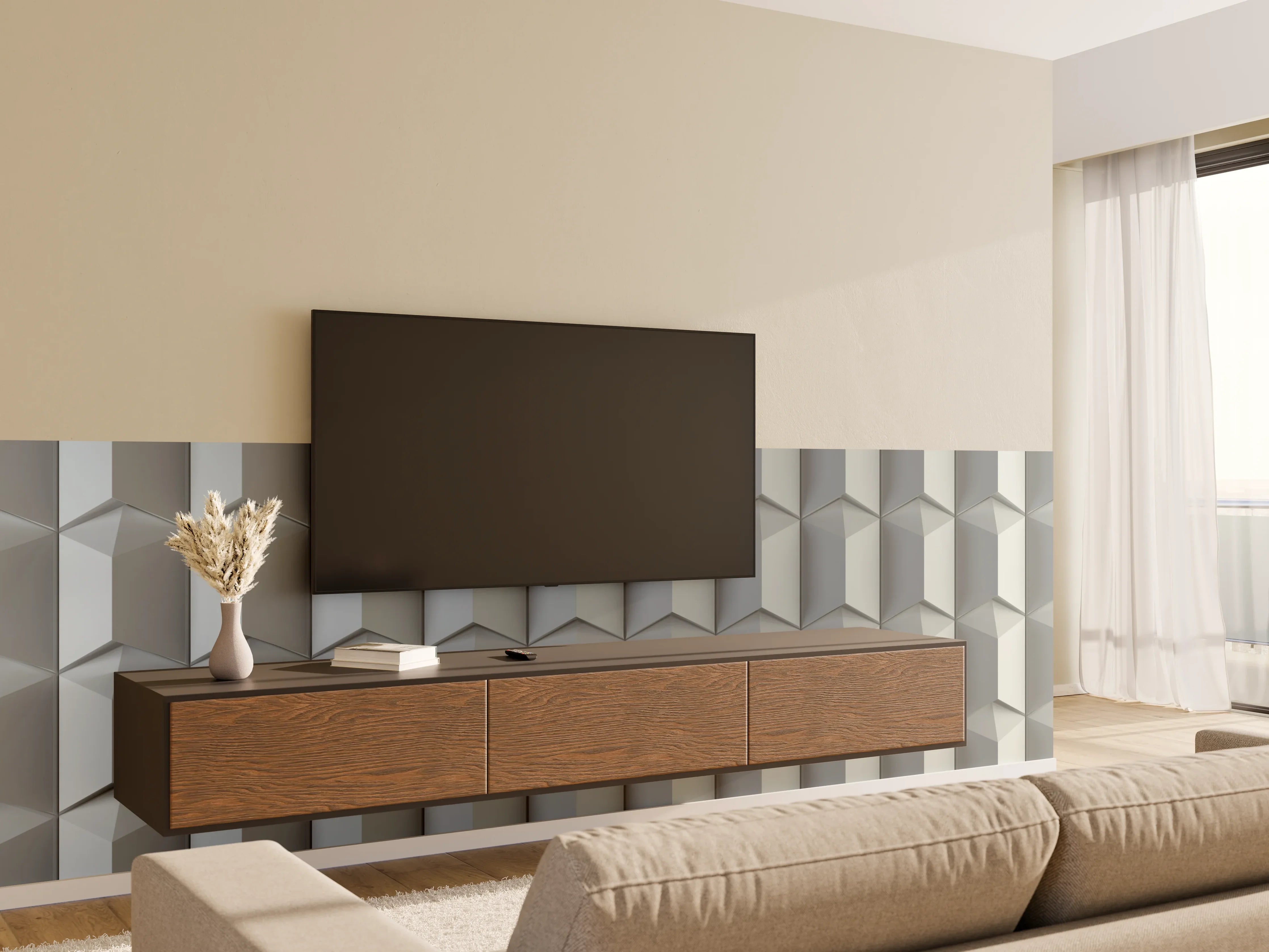 Wandverkleidung Wohnzimmer - Moderne 3D Wandpaneele in Grau