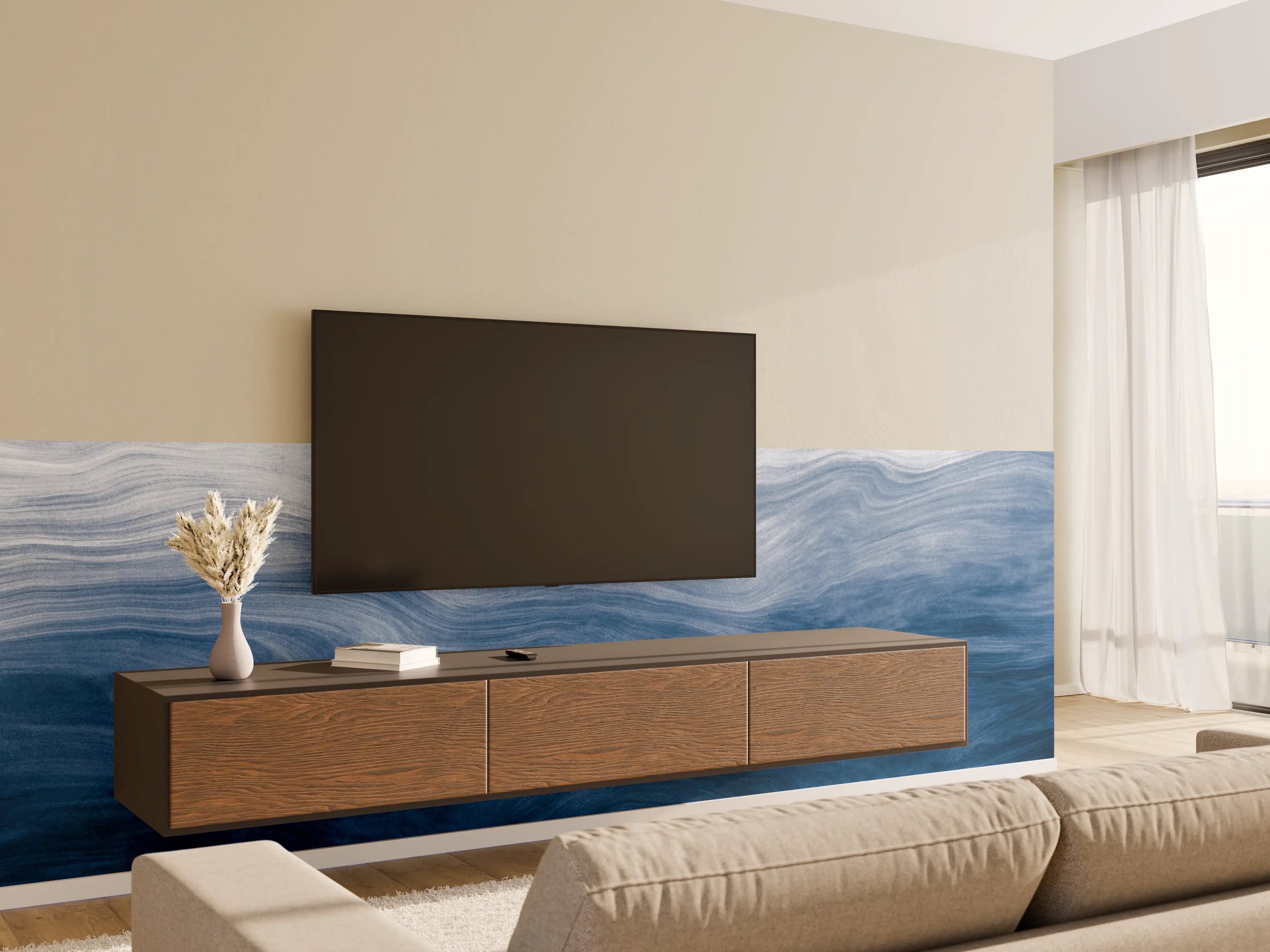 Wandverkleidung Wohnzimmer - Moderne Abstrakte Blautöne Wellenstruktur