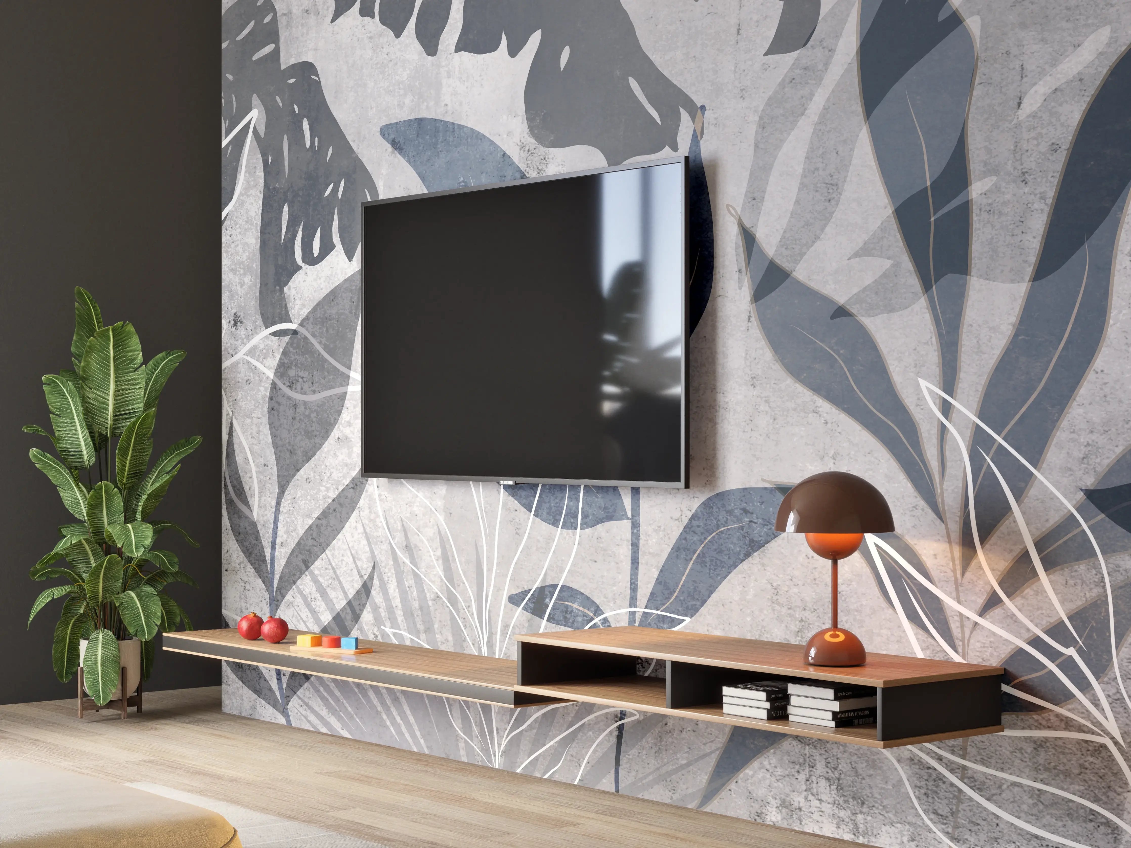 Wandverkleidung Wohnzimmer - Moderne Botanik Grau-Weiß