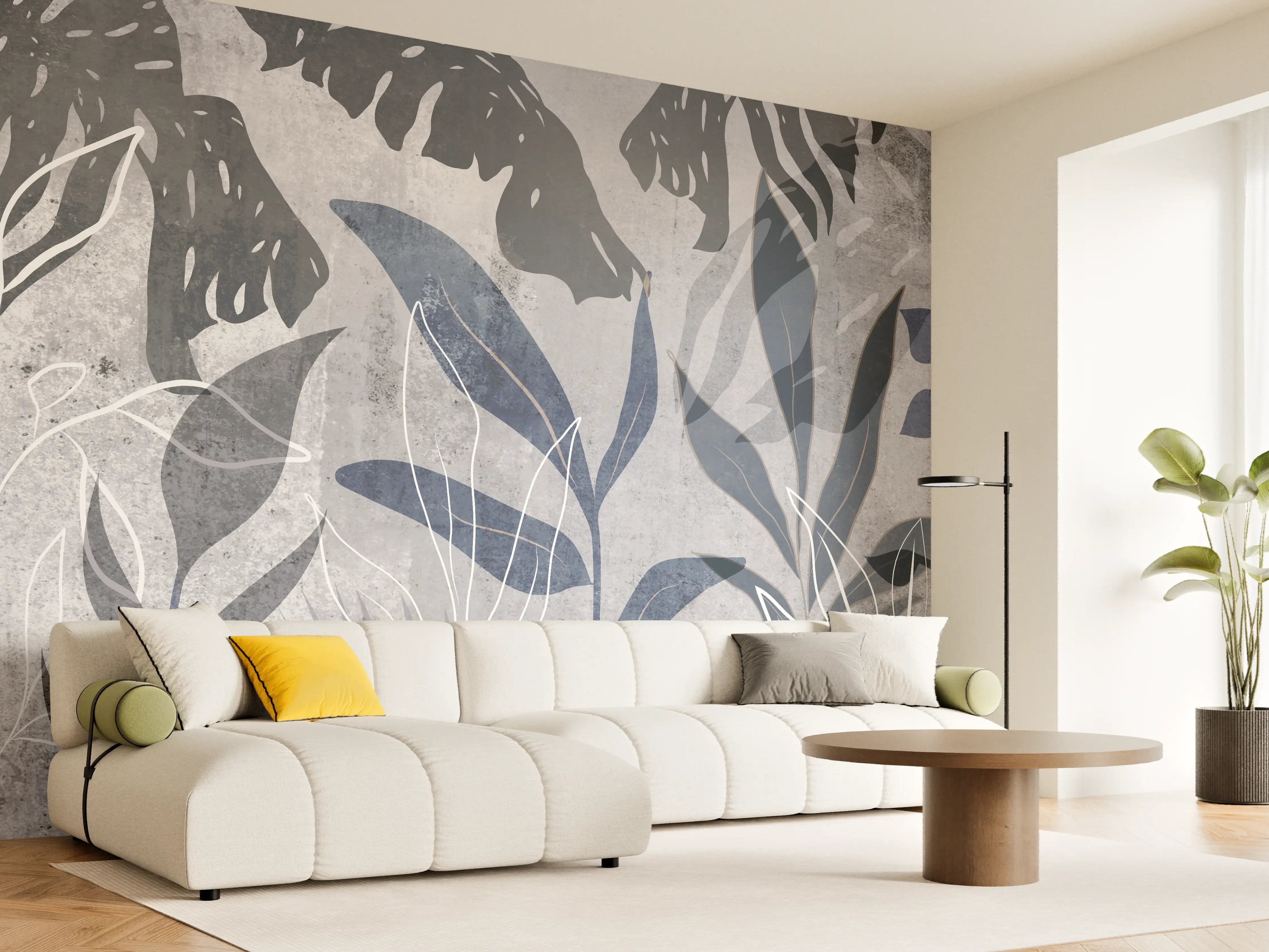 Wandverkleidung Wohnzimmer - Moderne Botanik Grau-Weiß