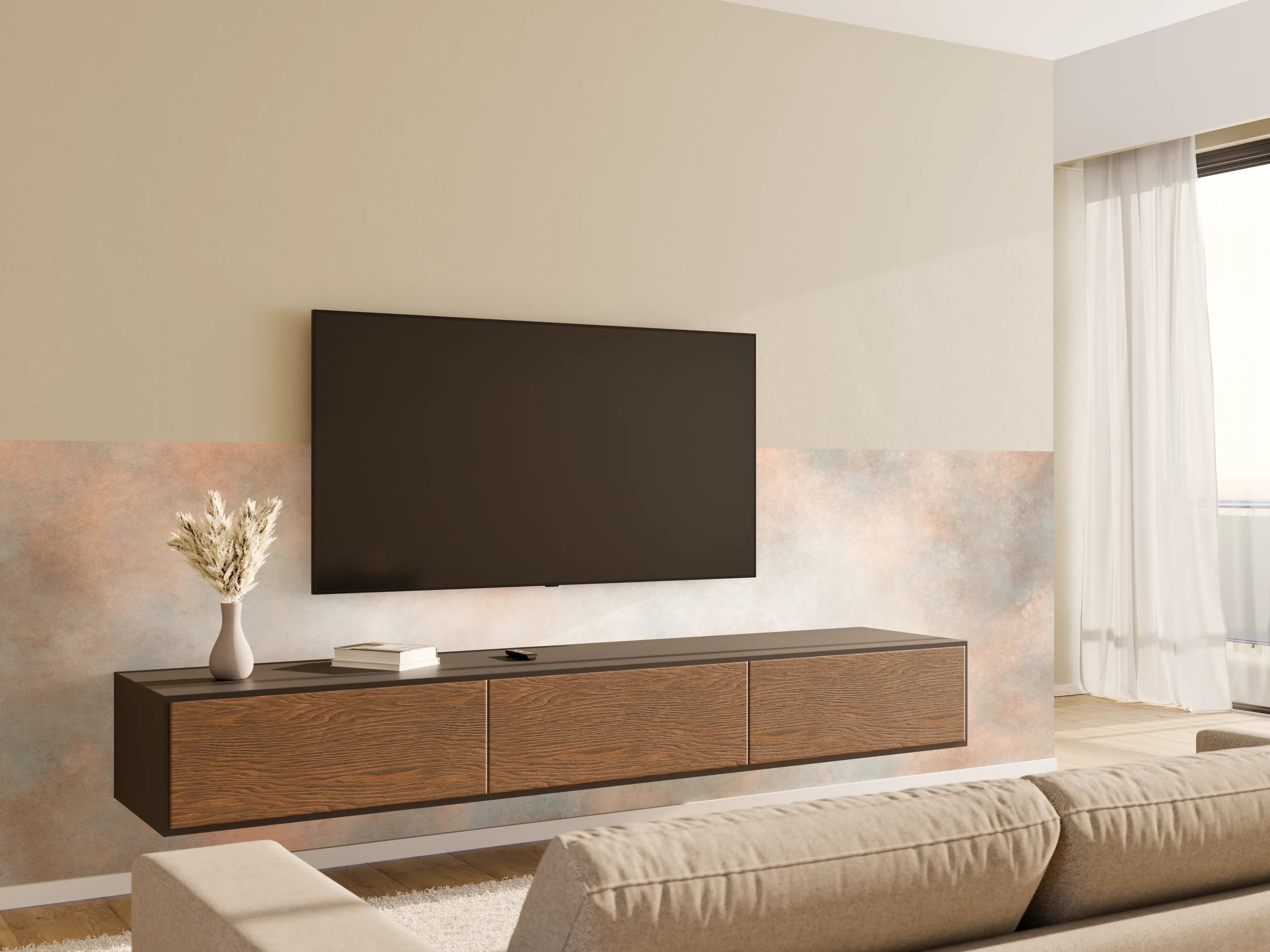 Wandverkleidung Wohnzimmer - Moderne Farbpalette mit Braun- und Orangetönen