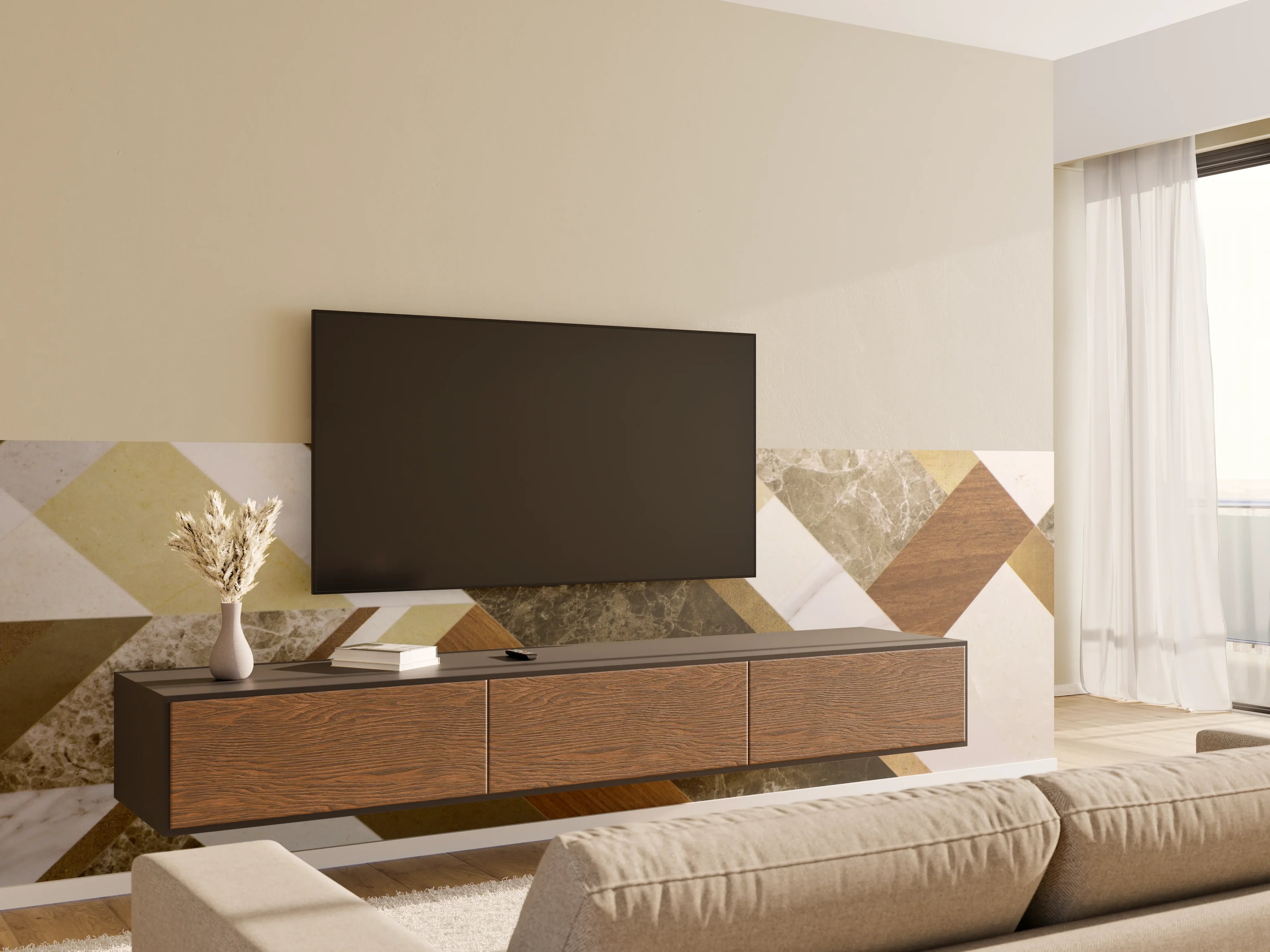 Wandverkleidung Wohnzimmer - Moderne Fliesen in Erdtönen