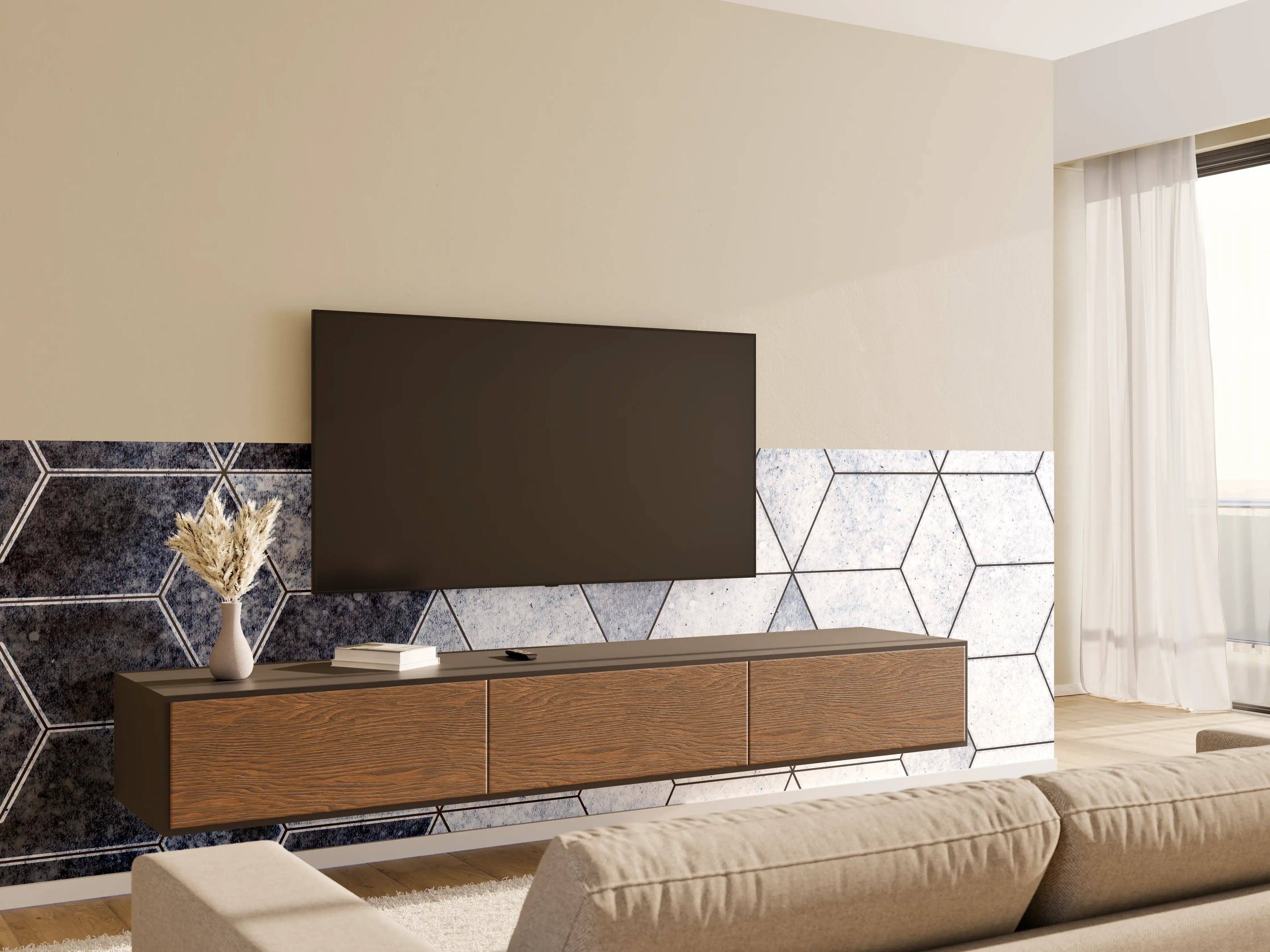 Wandverkleidung Wohnzimmer - Moderne Fliesen mit geometrischem Design