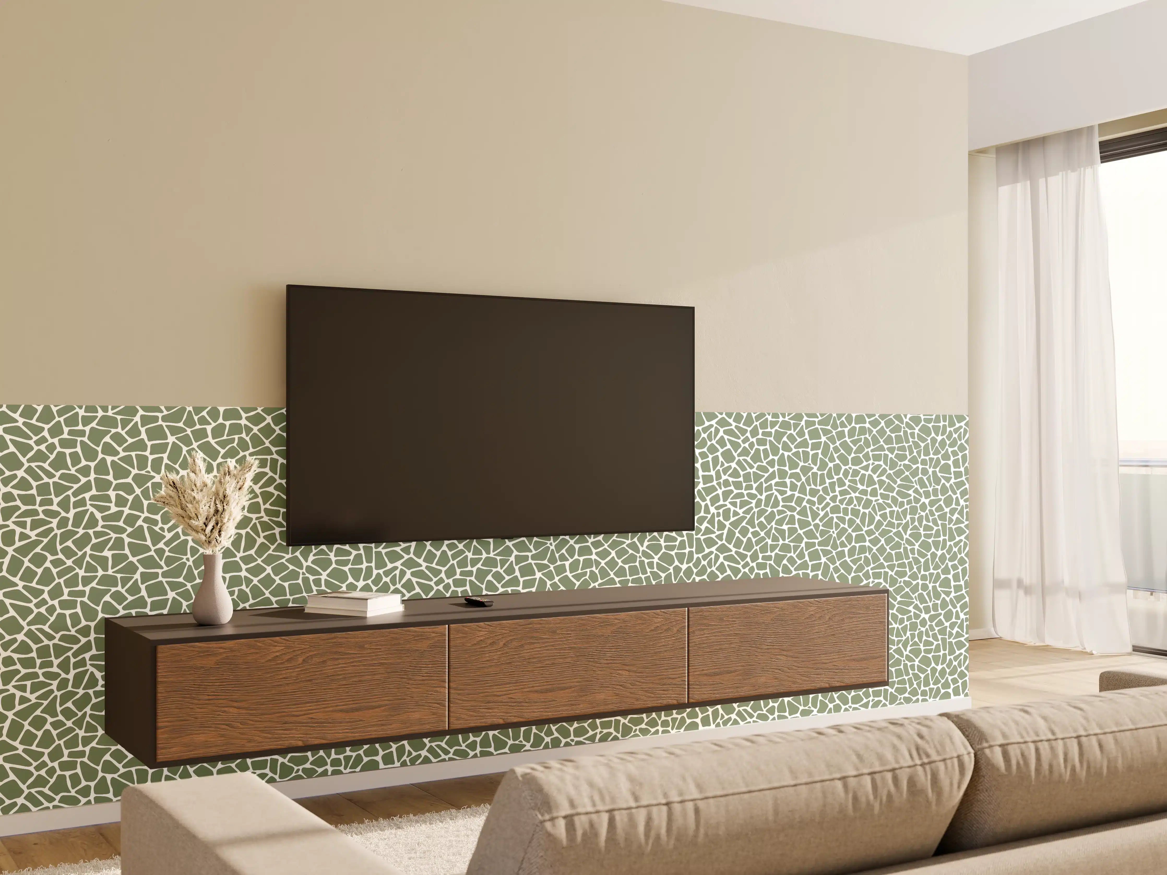 Wandverkleidung Wohnzimmer - Moderne Fliesenmuster in sanften GrünTönen