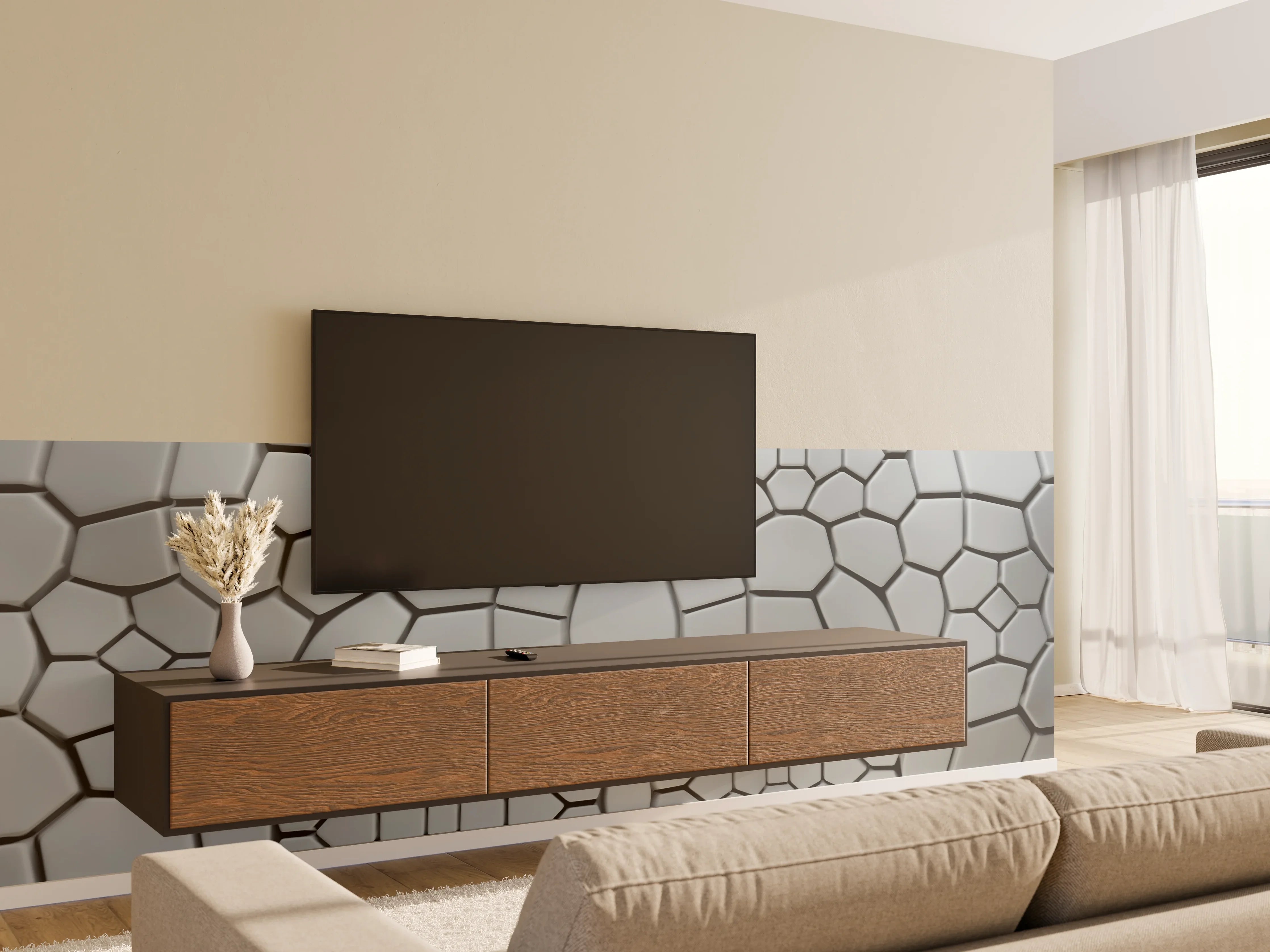Wandverkleidung Wohnzimmer - Moderne Fliesenstruktur in Grau - Elegantes Design