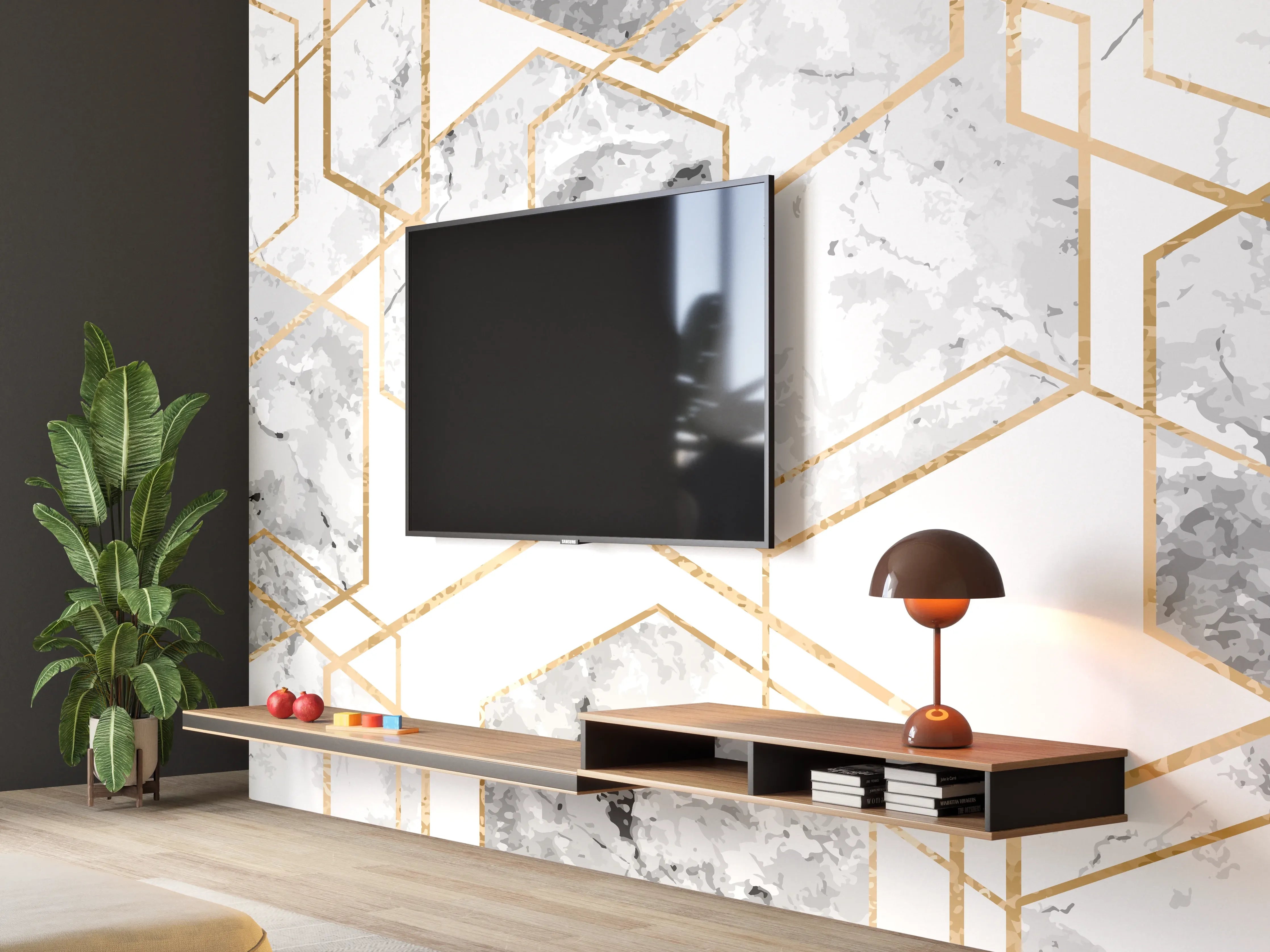 Wandverkleidung Wohnzimmer - Moderne Marmor-Fliesen mit Goldakzenten