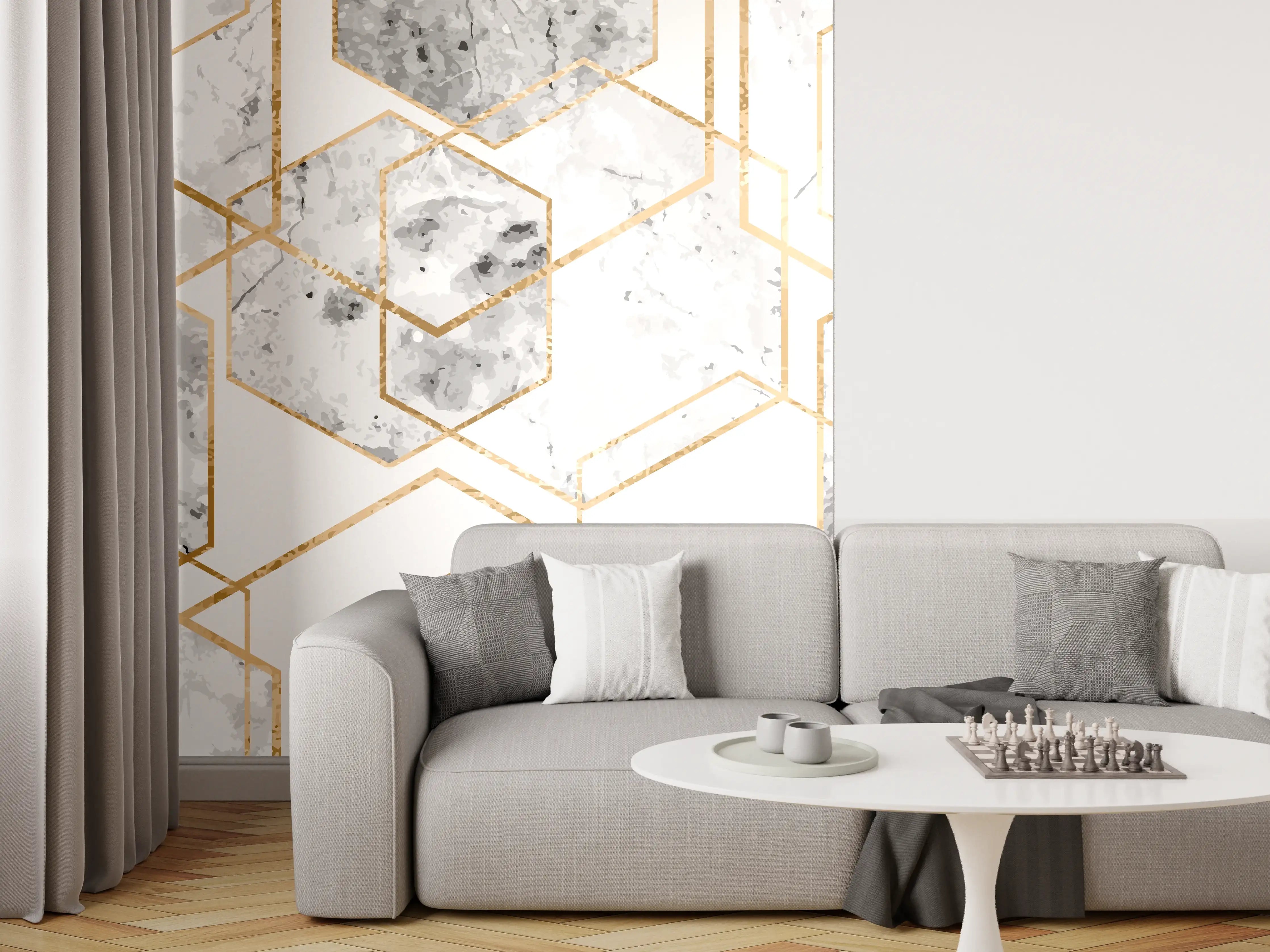 Wandverkleidung Wohnzimmer - Moderne Marmor-Fliesen mit Goldakzenten