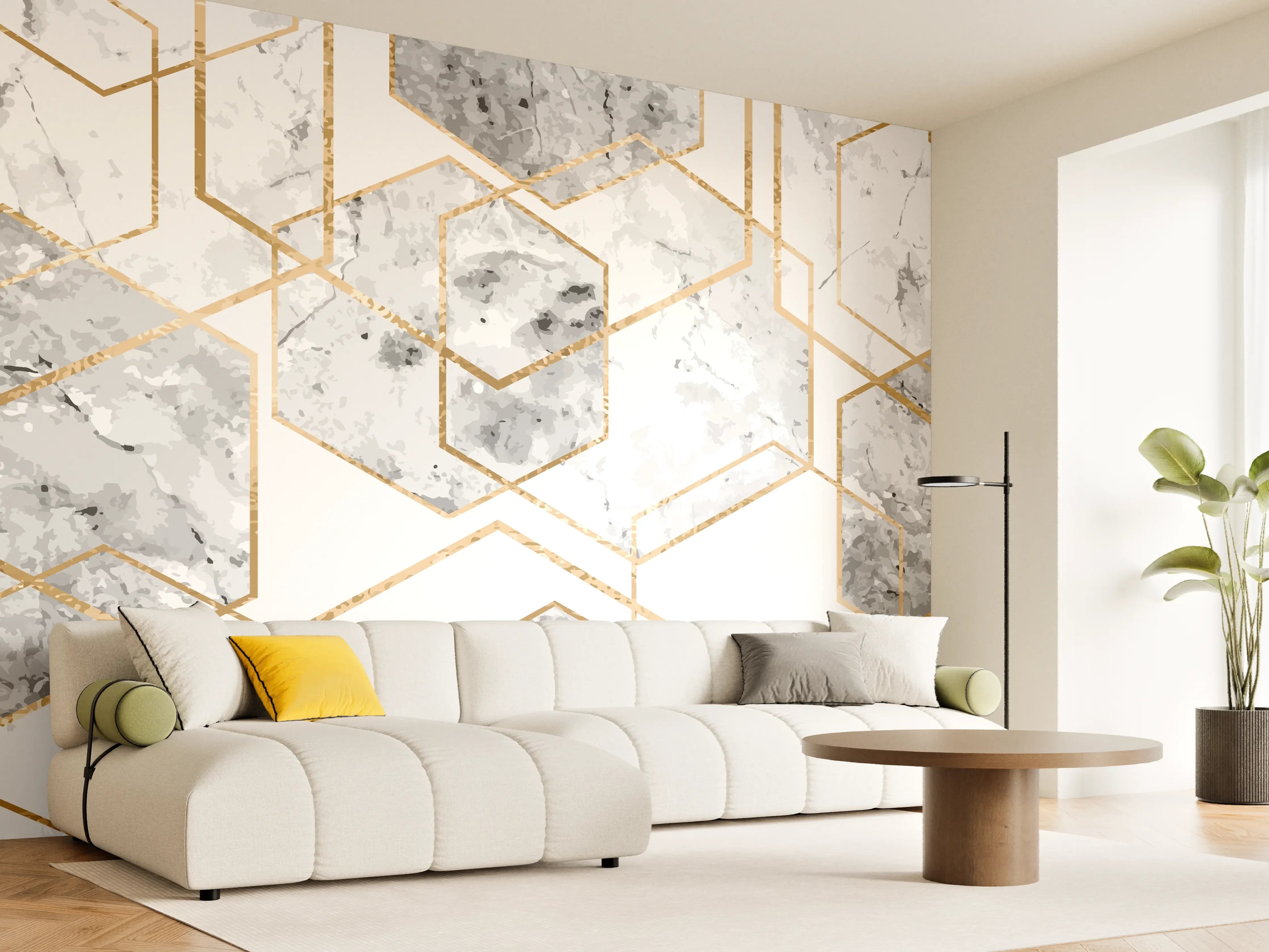 Wandverkleidung Wohnzimmer - Moderne Marmor-Fliesen mit Goldakzenten