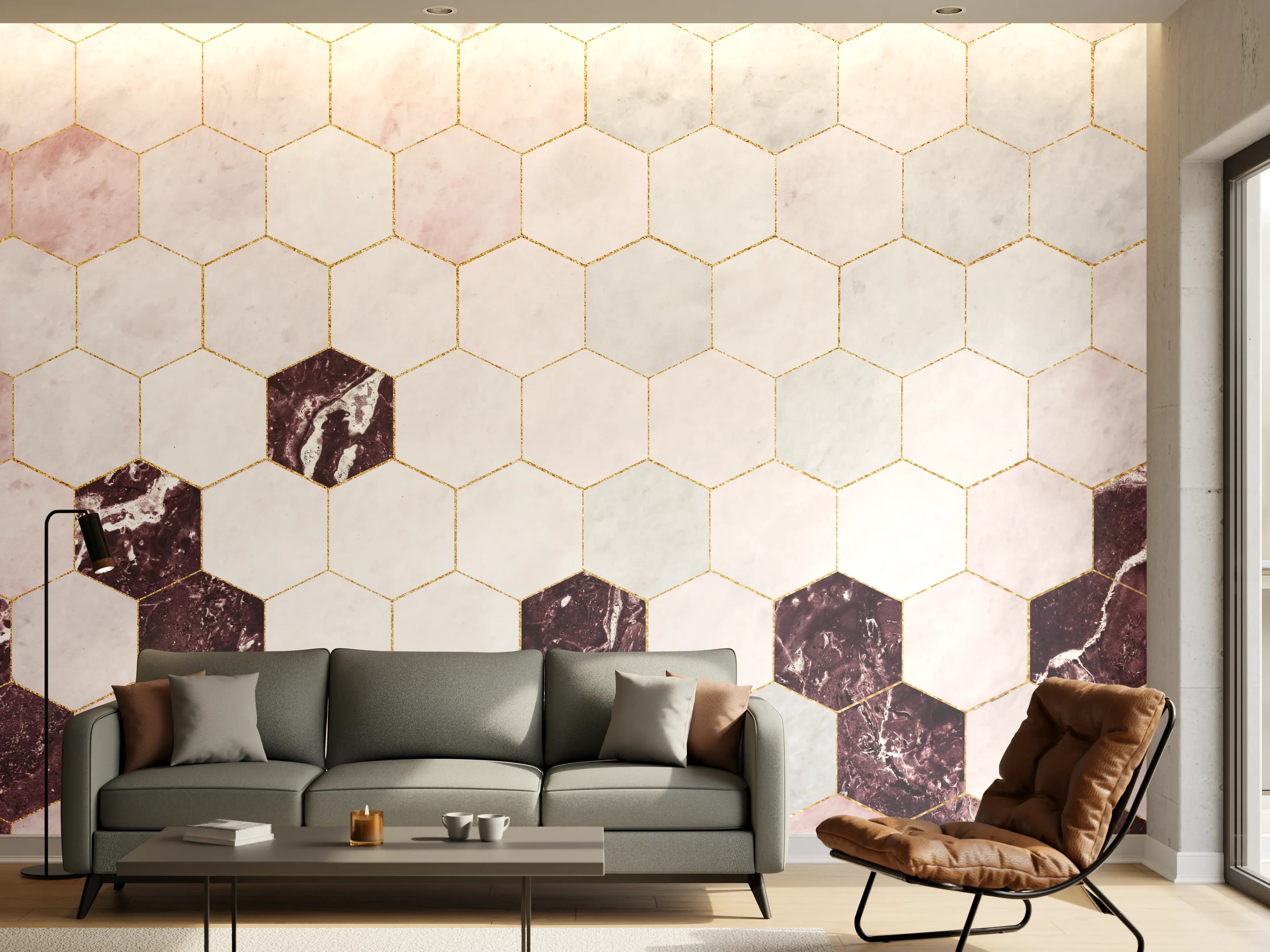 Wandverkleidung Wohnzimmer - Moderne Marmorfliesen im Hexagon-Design