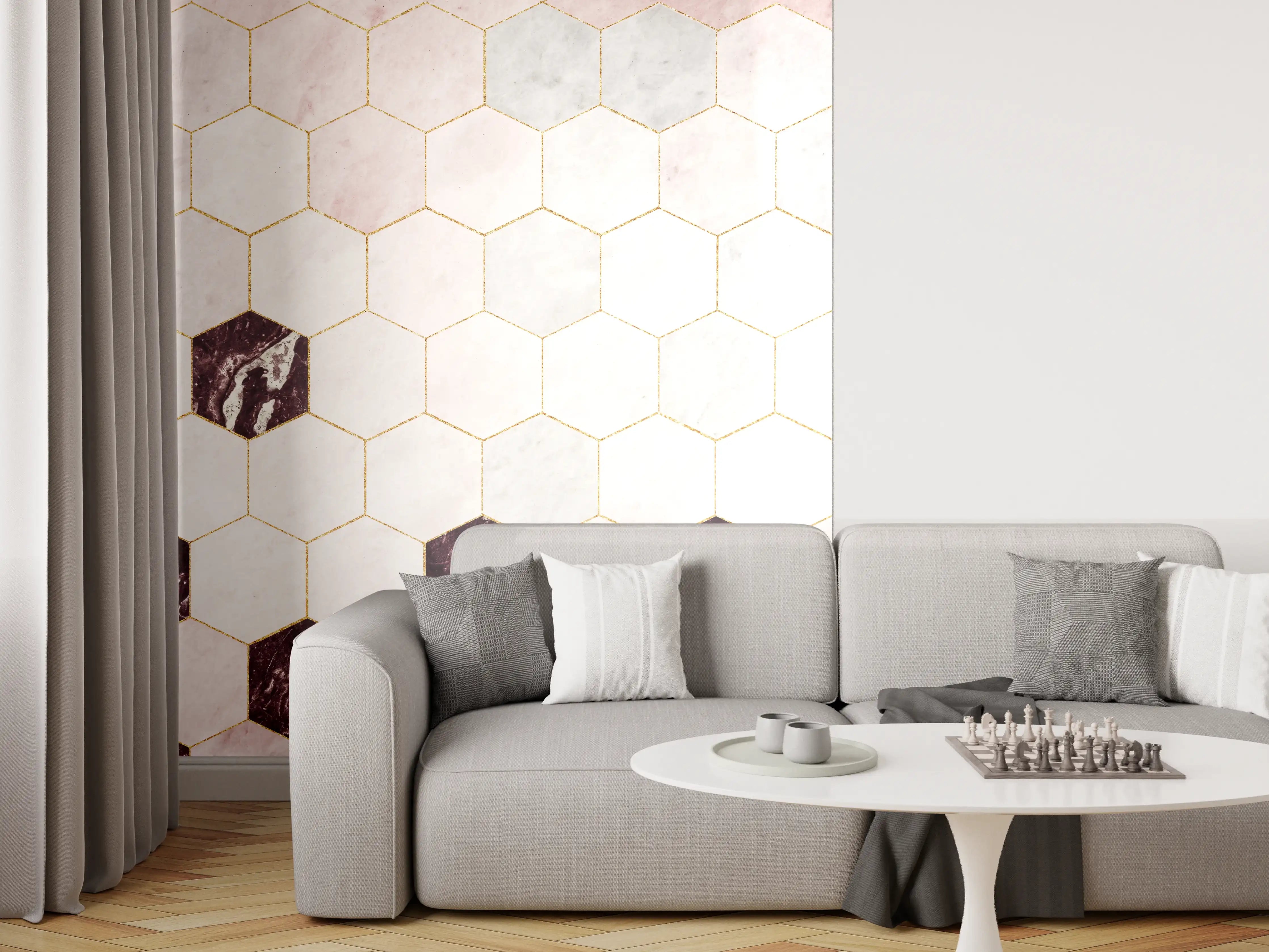 Wandverkleidung Wohnzimmer - Moderne Marmorfliesen im Hexagon-Design