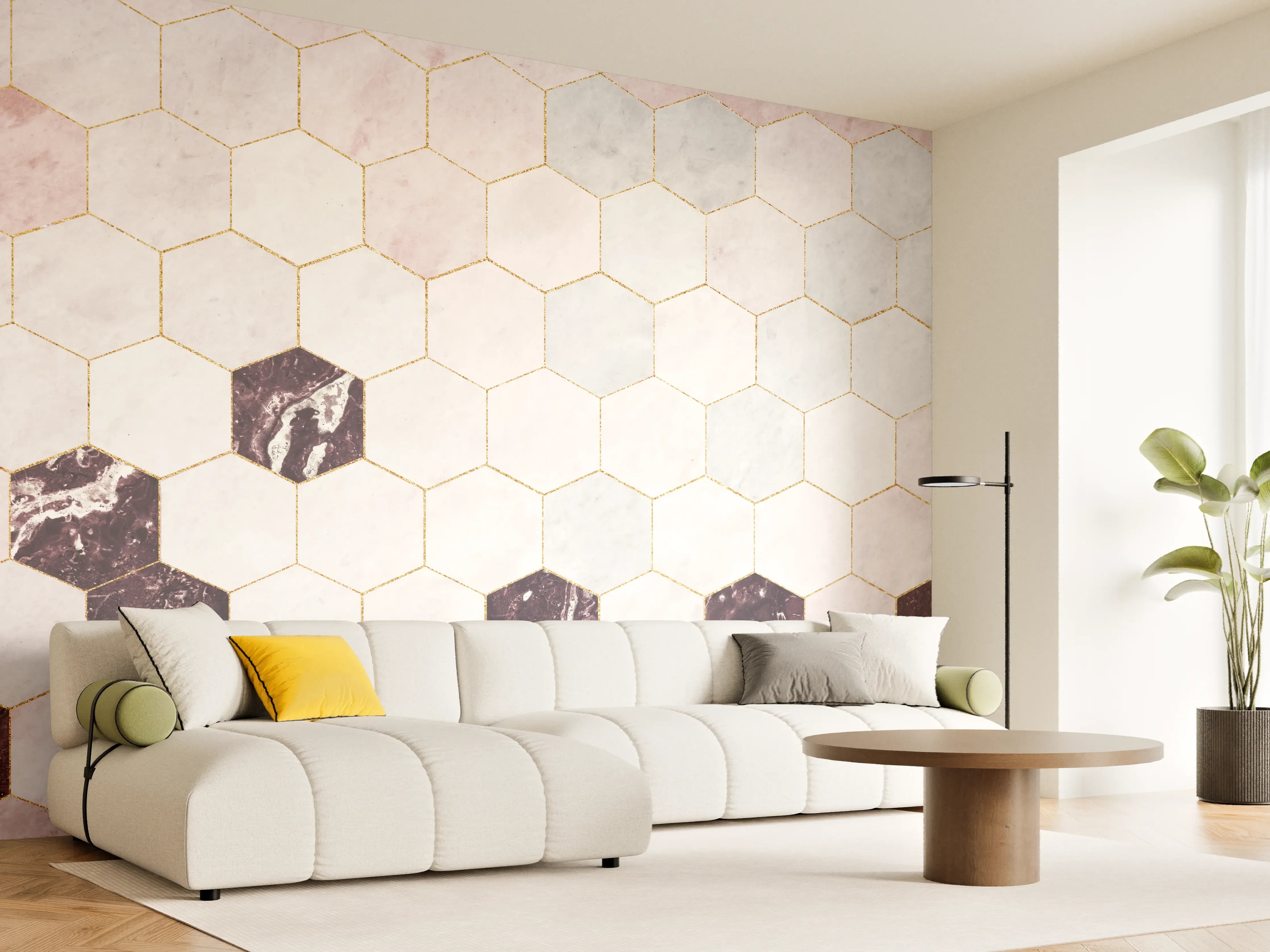 Wandverkleidung Wohnzimmer - Moderne Marmorfliesen im Hexagon-Design
