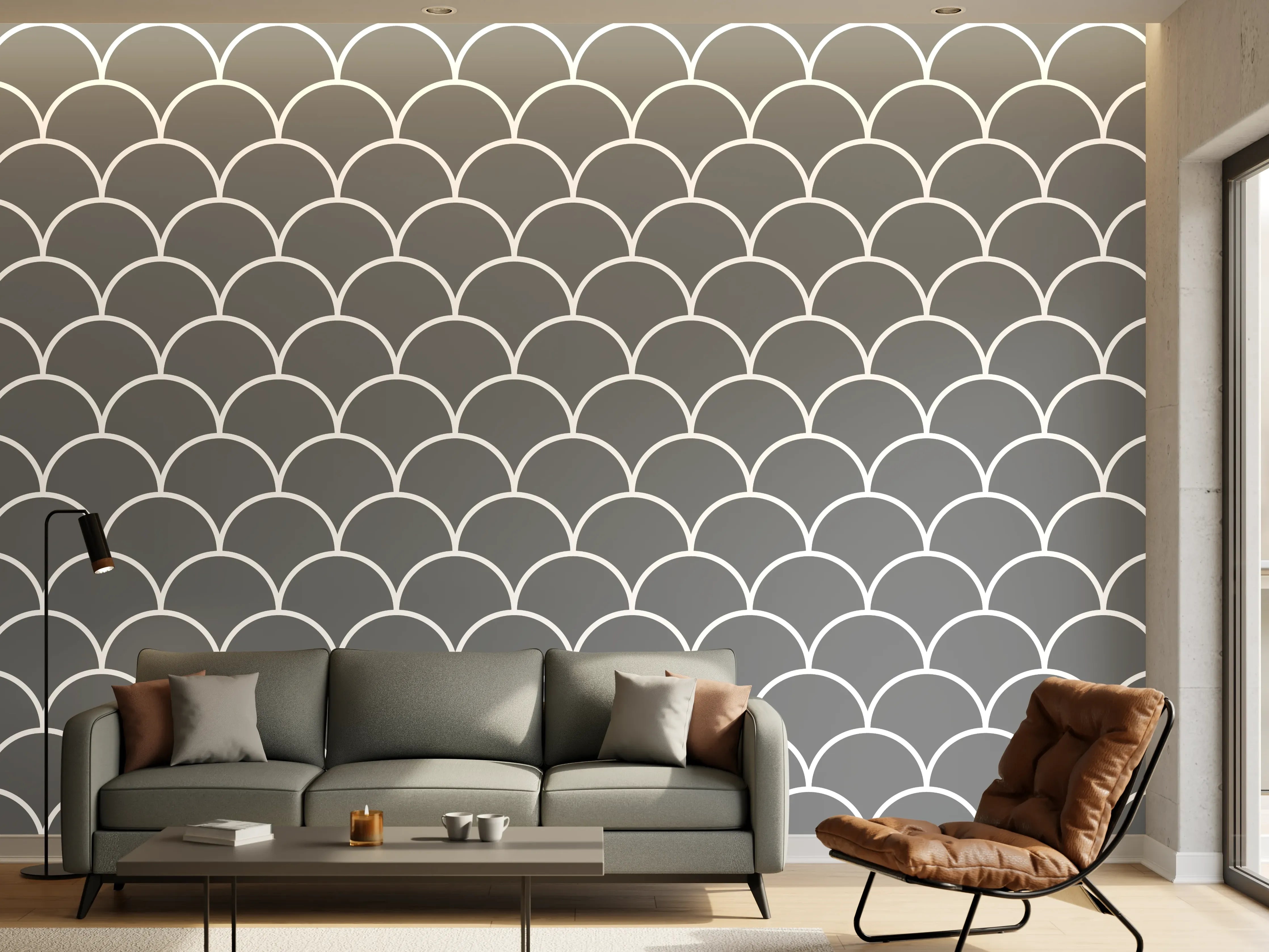 Wandverkleidung Wohnzimmer - Moderne Musterfliese in Grau mit weißen Akzenten